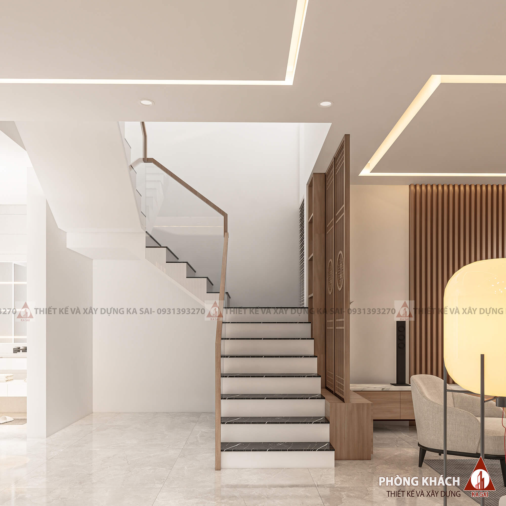 Cầu thang biệt thự 3 tầng mái Nhật đẹp