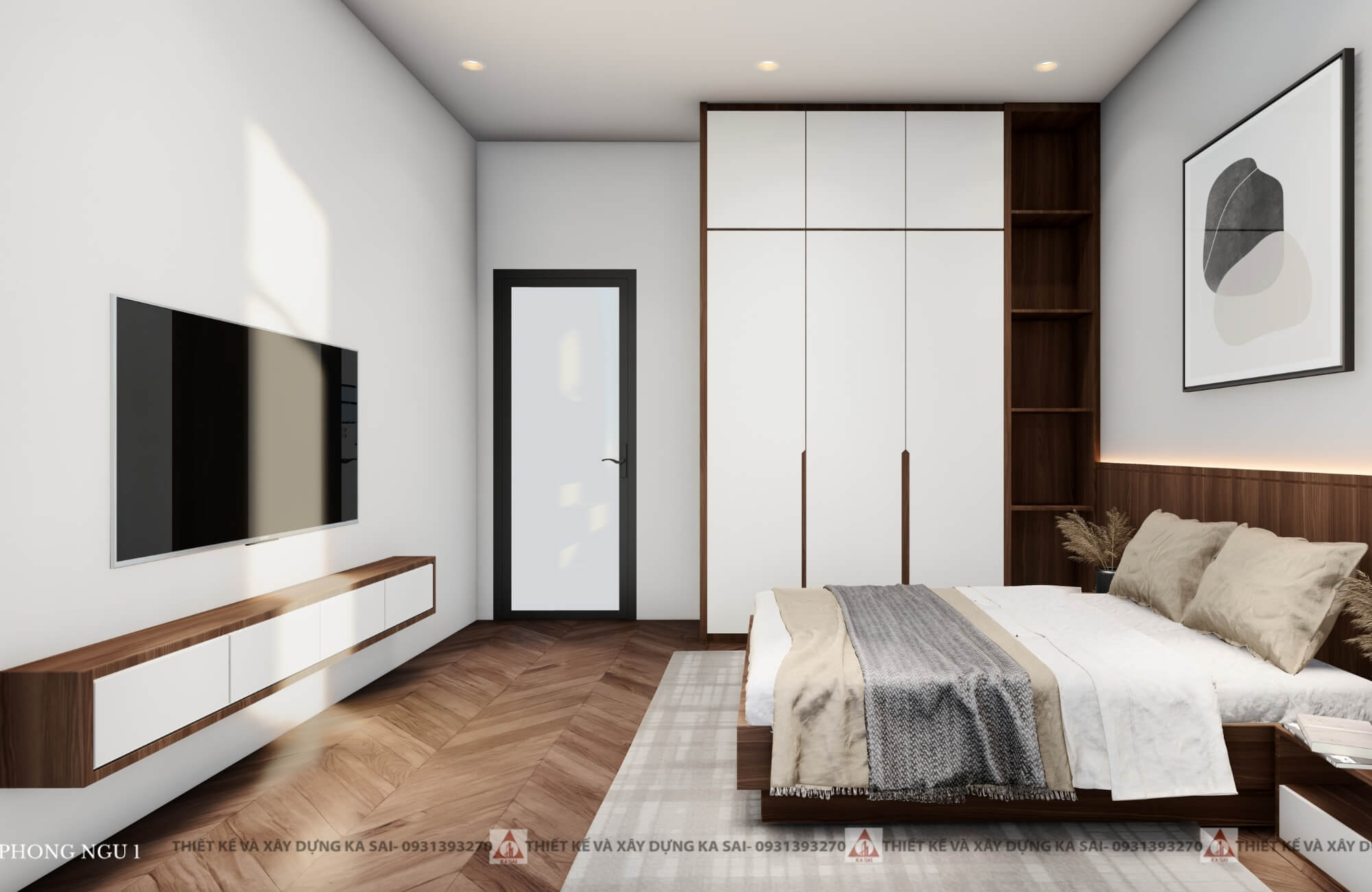 Phòng ngủ 1 mẫu nhà 2 tầng 9x10m