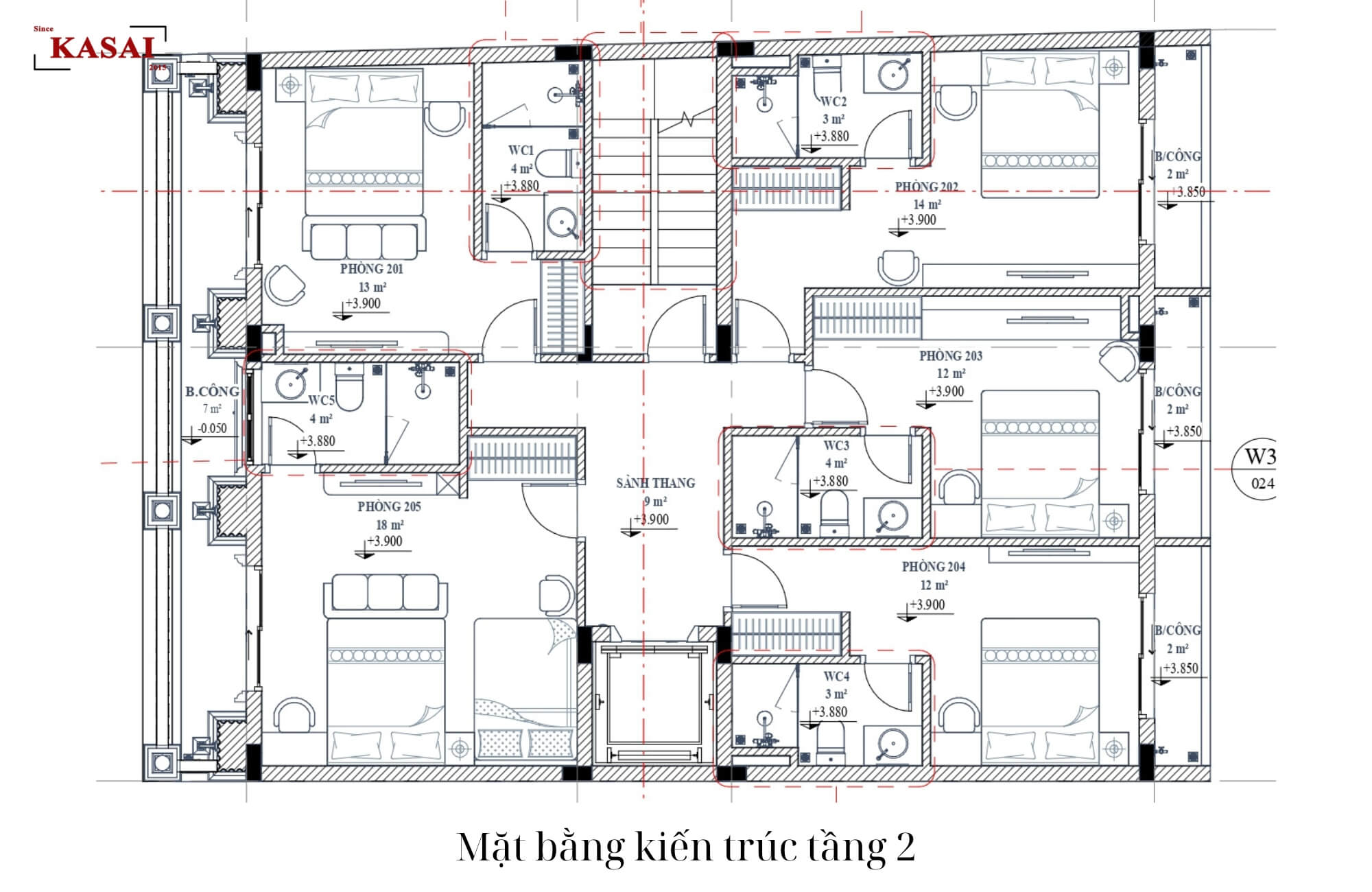 Tầng 2 bản vẽ thiết kế khách sạn 5 tầng