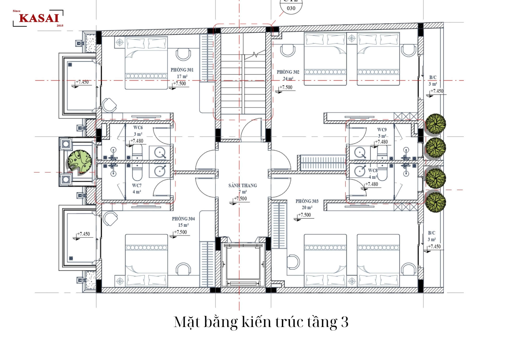 Tầng 3 bản vẽ thiết kế khách sạn 5 tầng