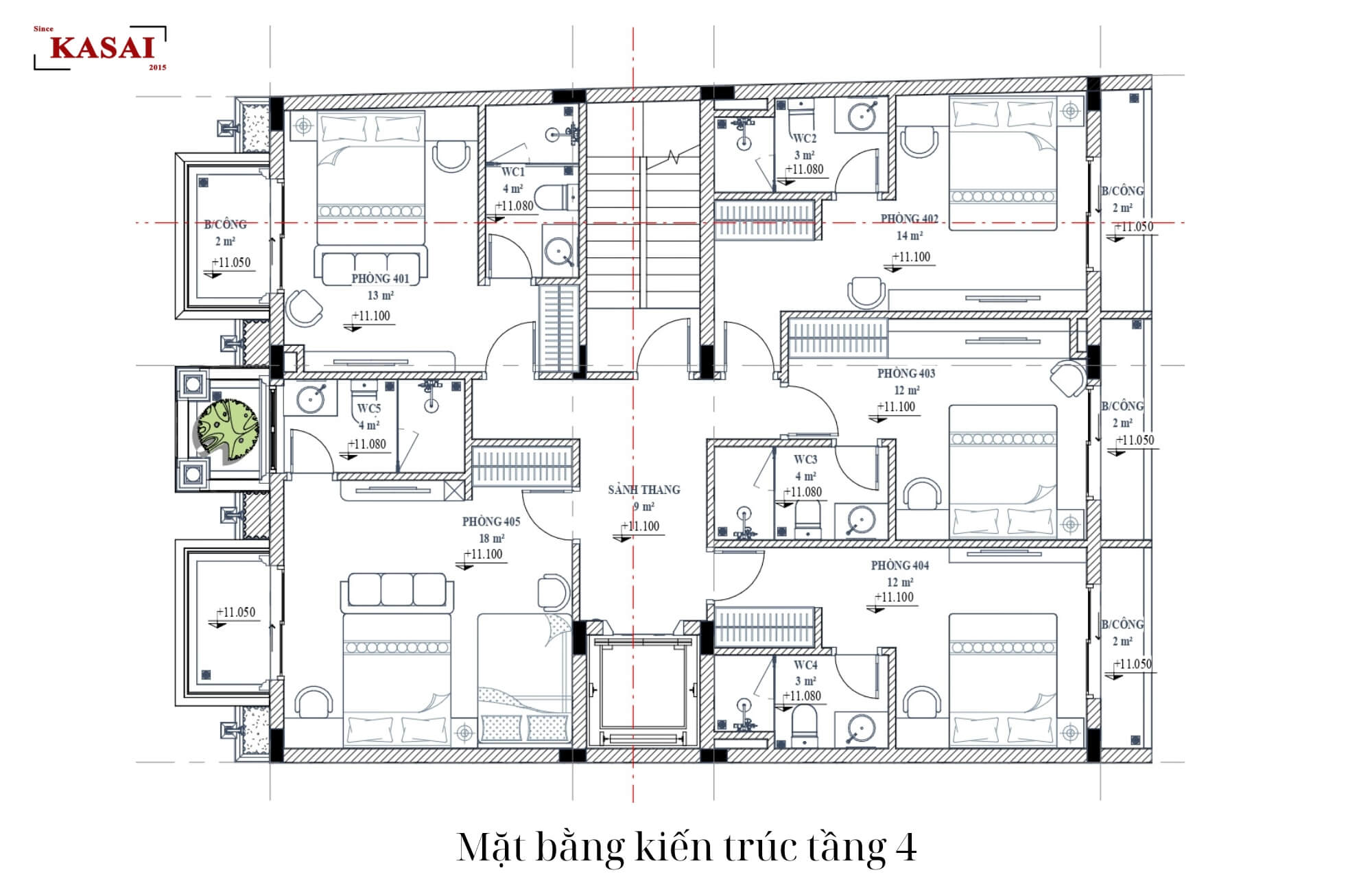 Tầng 4 bản vẽ thiết kế khách sạn 5 tầng