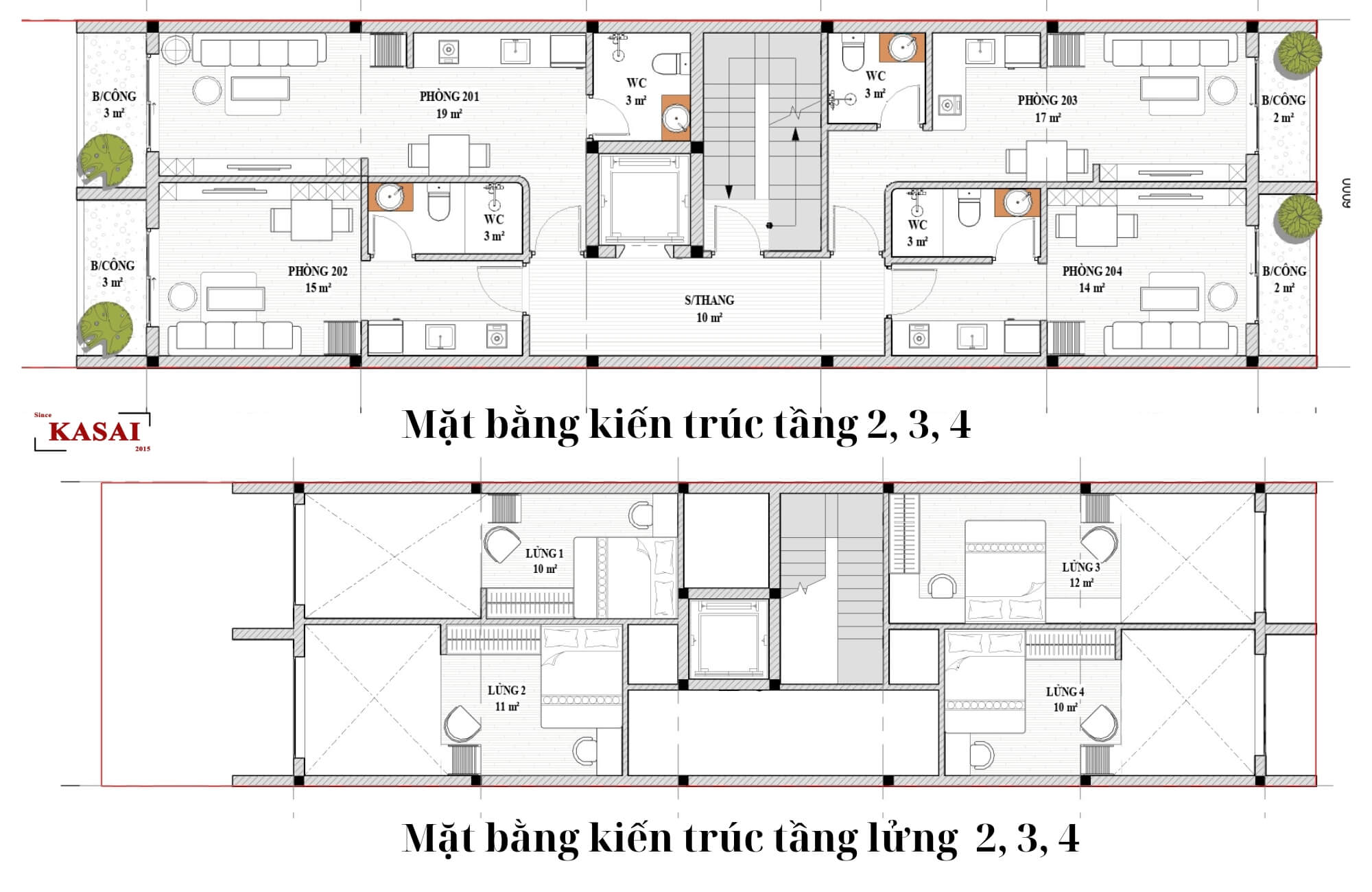 Bản vẽ tầng 2, 3, 4 nhà ống 6 tầng