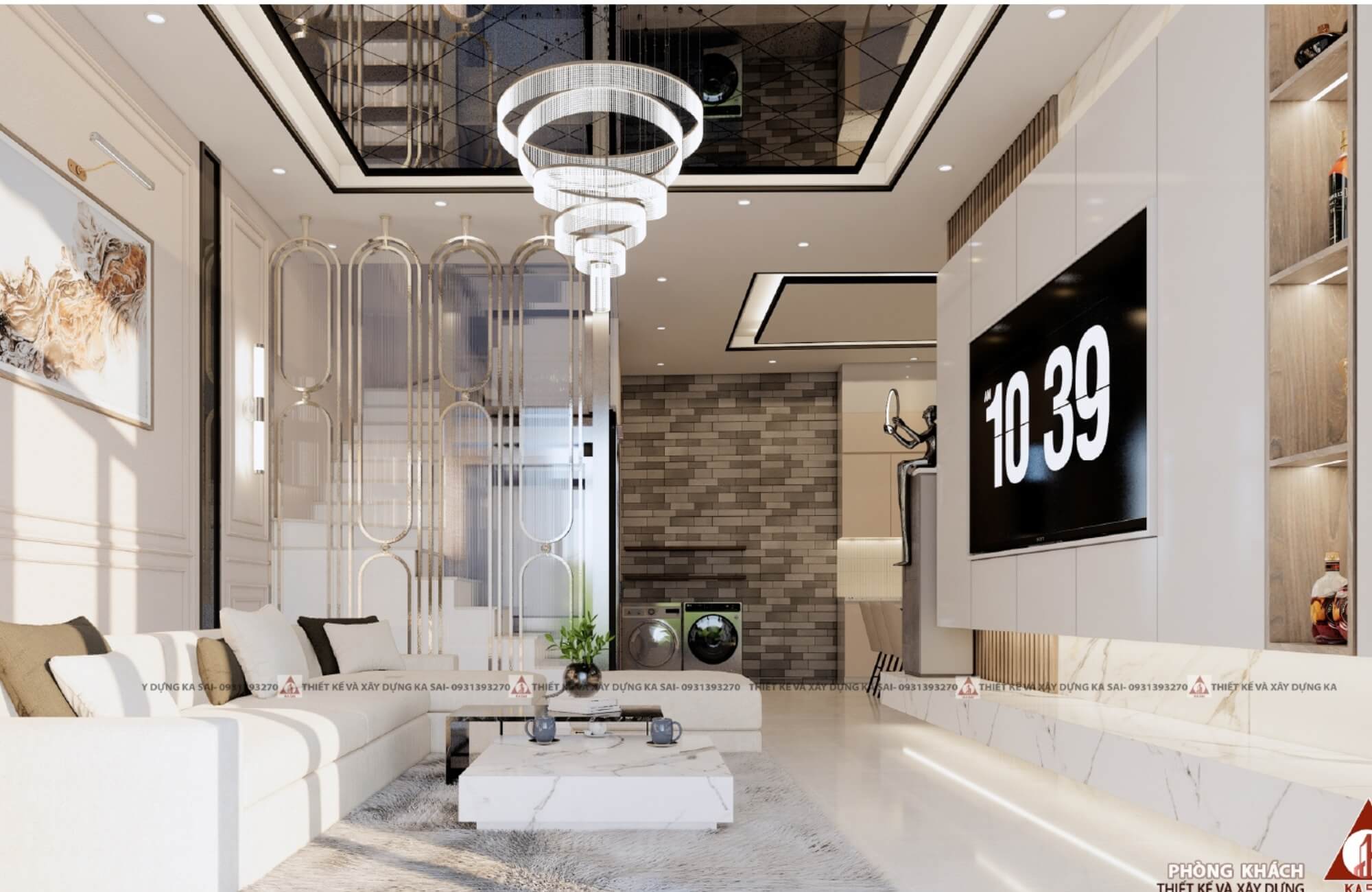 Phòng khách thiết kế nhà ngang 7m dài 10m đẹp