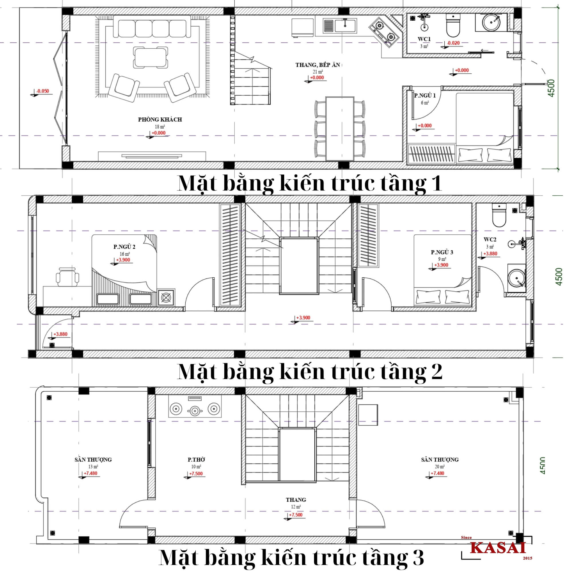 Bản vẽ mẫu nhà ống 3 tầng 4,5m hiện đại
