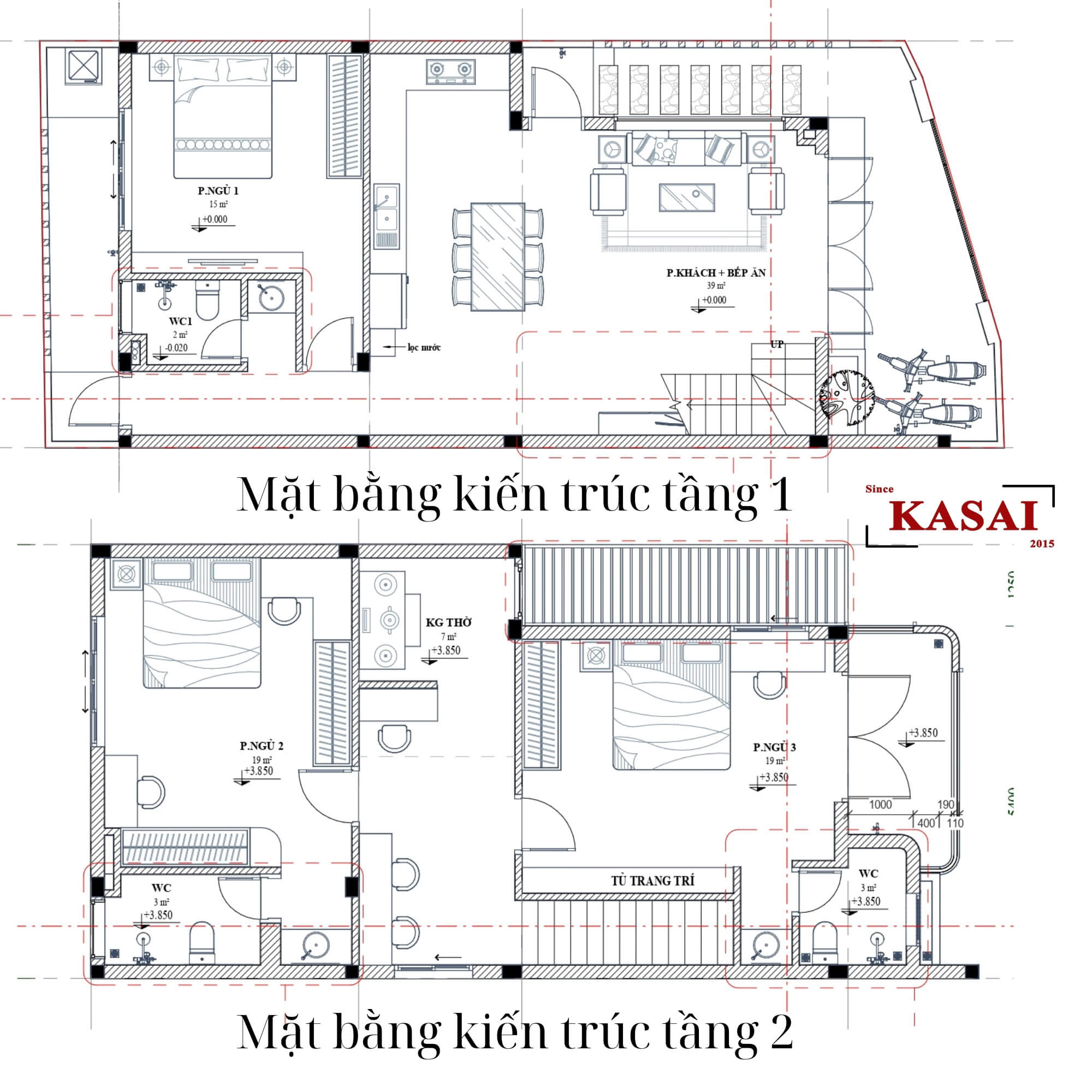 Bản vẽ thiết kế nhà 2 tầng 3 phòng ngủ 6x15m