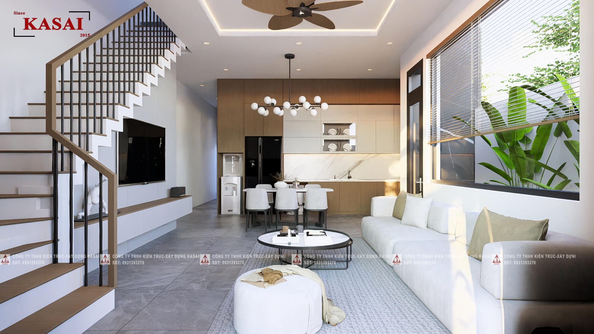 Phòng khách nhà 2 tầng 3 phòng ngủ 6x15m