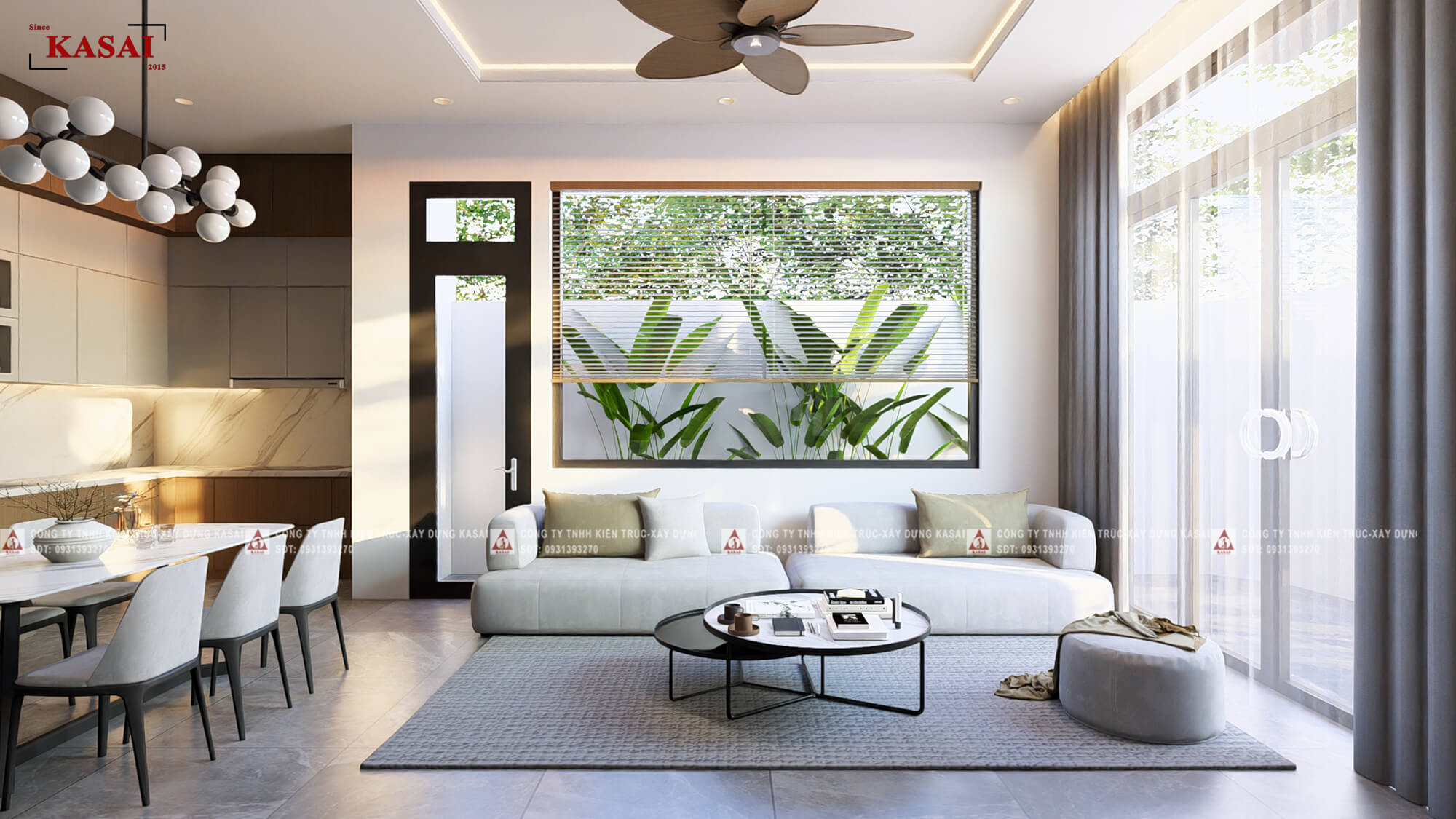 Phòng khách nhà 2 tầng 3 phòng ngủ 6x15m
