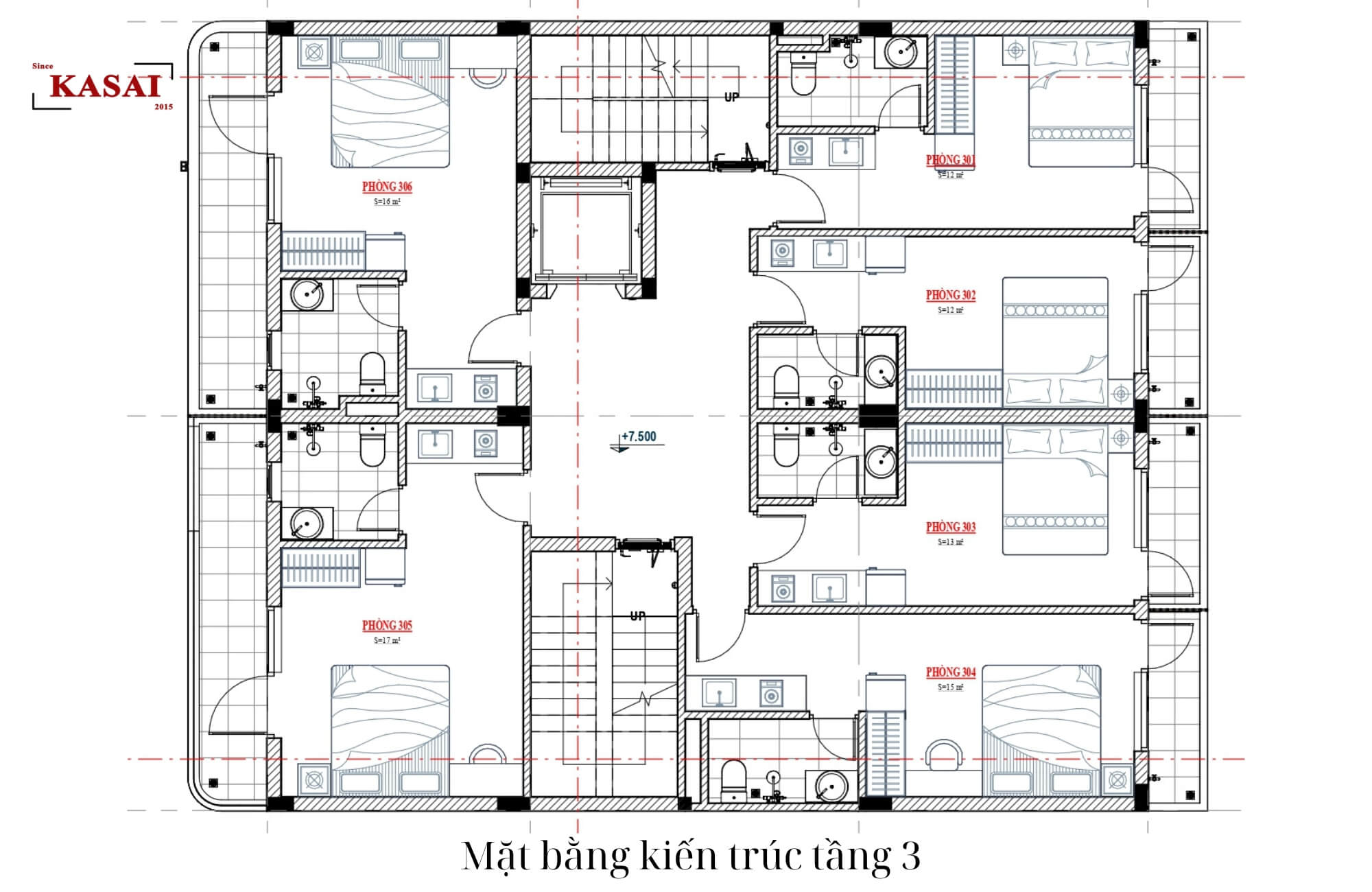 Tầng 3 bản vẽ thiết kế căn hộ cho thuê 5 tầng