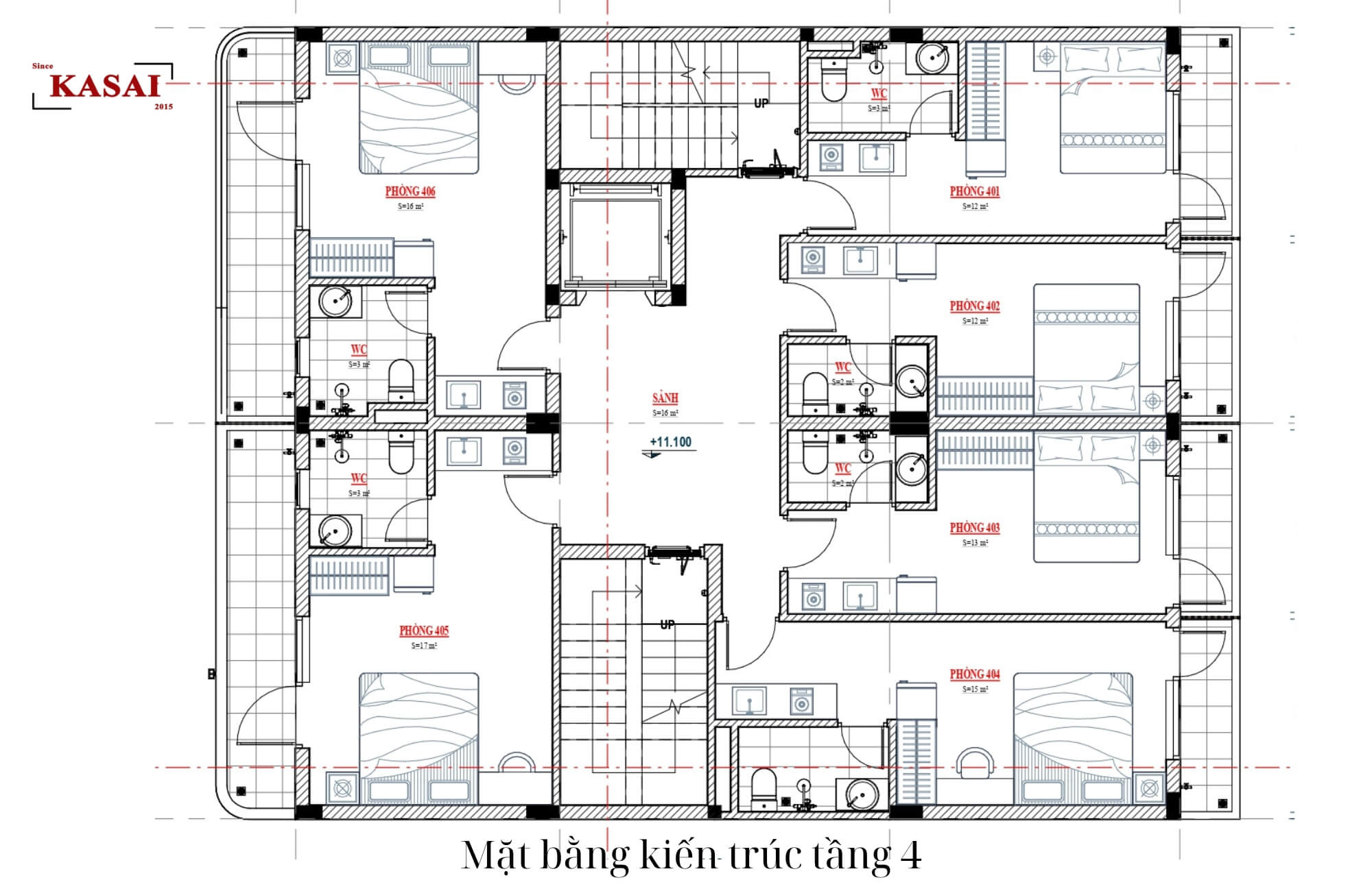 Tầng 4 bản vẽ thiết kế căn hộ cho thuê 5 tầng