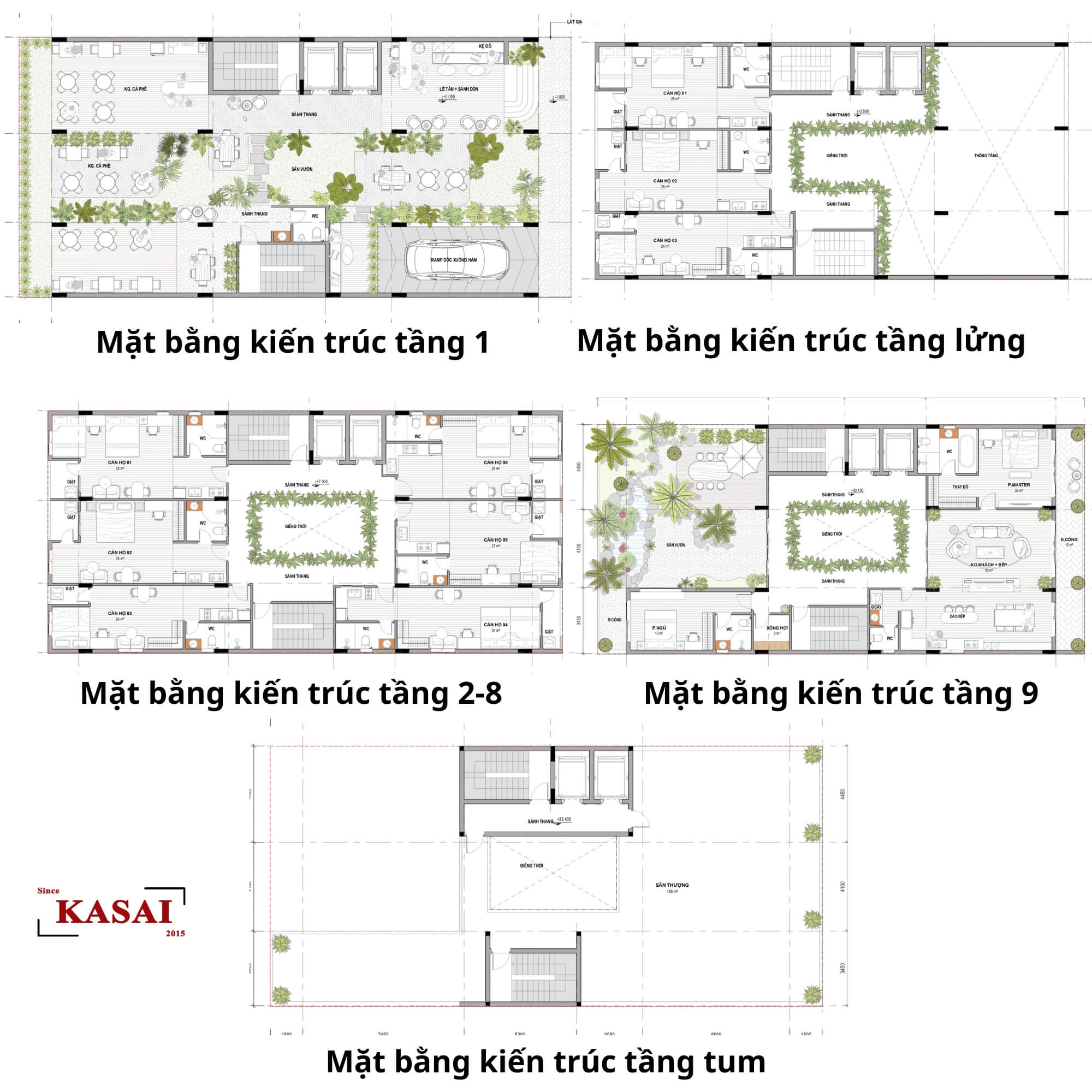 Bản vẽ thiết kế căn hộ 9 tầng phủ xanh