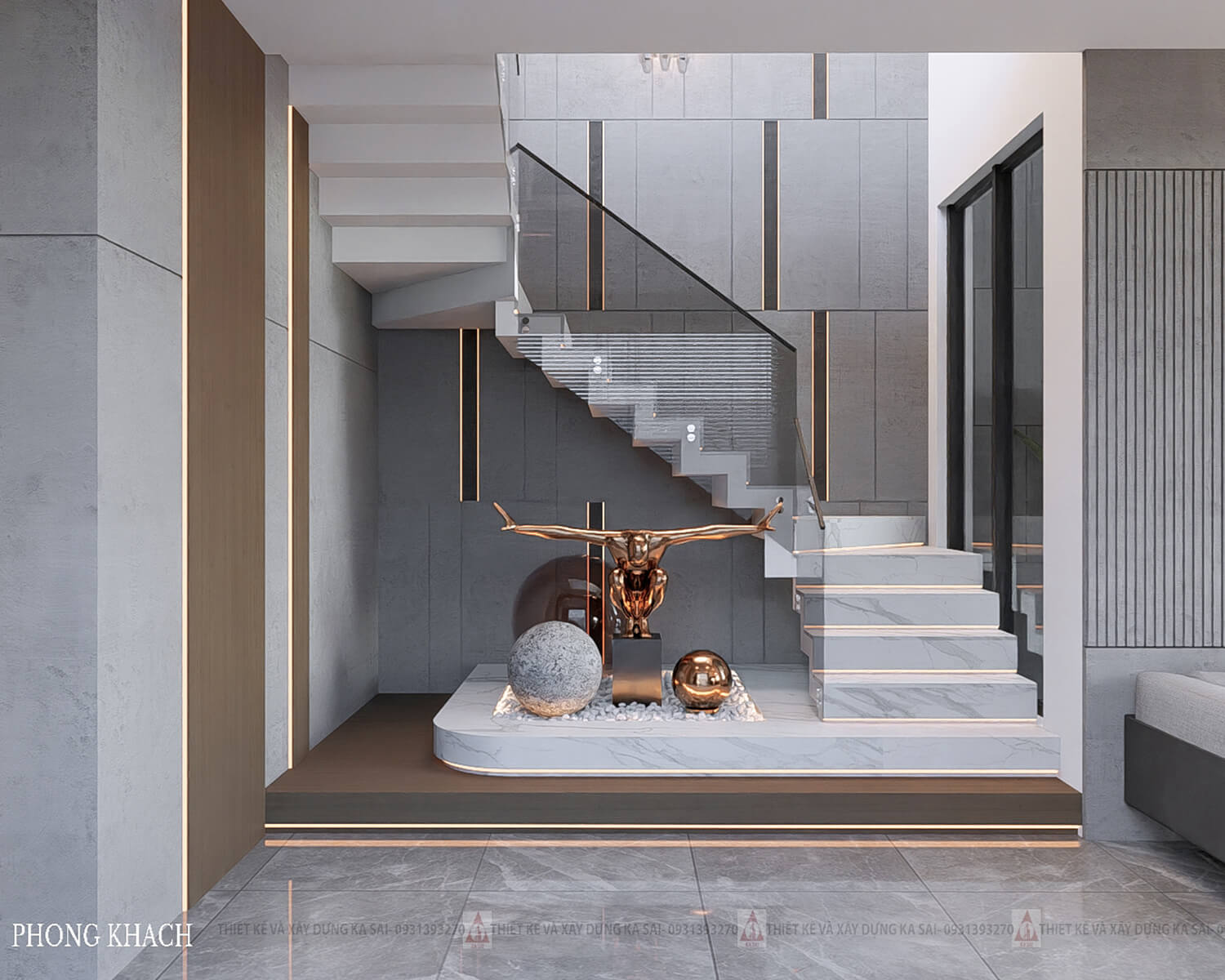 Cầu thang biệt thự mặt tiền 10m 2 tầng