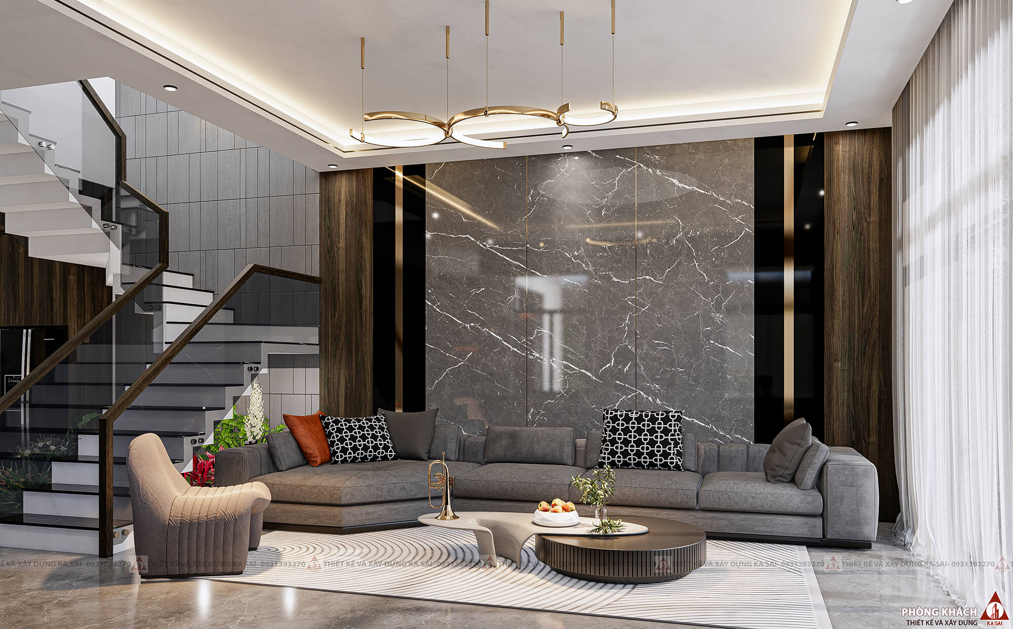 Phòng khách biệt thự hiện đại 3 tầng