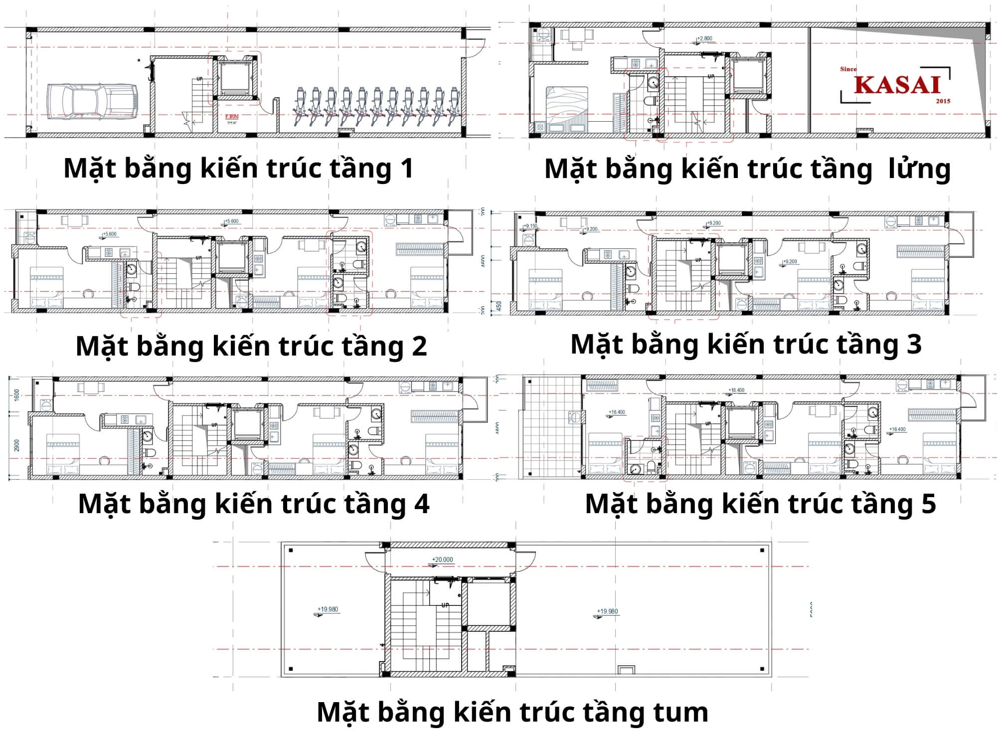 Bản vẽ thiết kế căn hộ dịch vụ 5x20 5 tầng