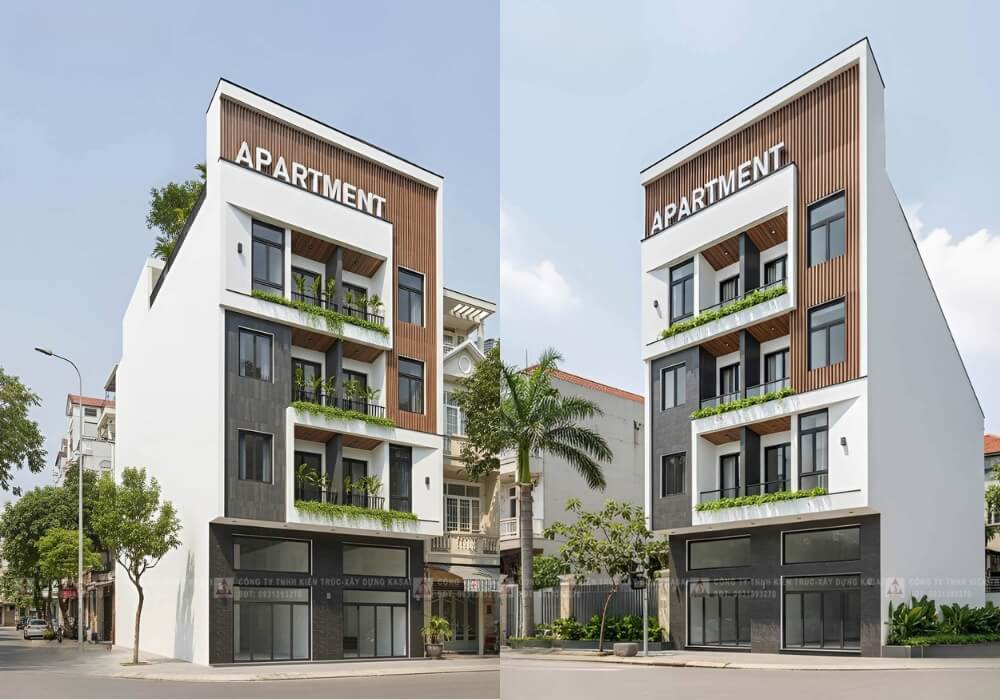 Căn hộ dịch vụ hiện đại với mặt tiền lam gỗ nổi bật