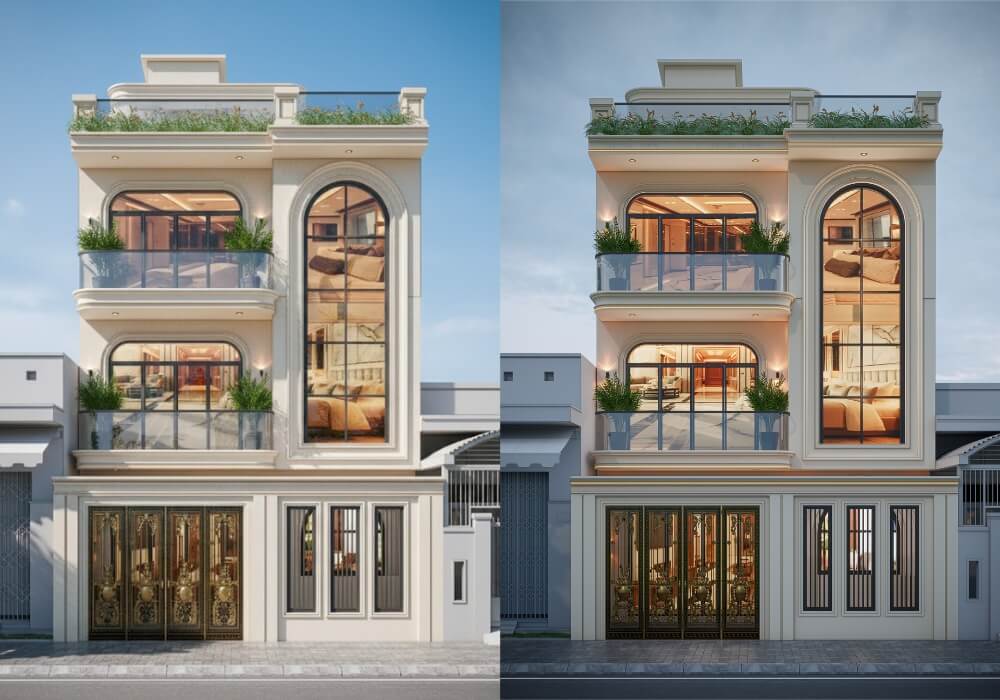 Mẫu nhà tân cổ điển 4 tầng mặt tiền 7m đẹp không góc chết