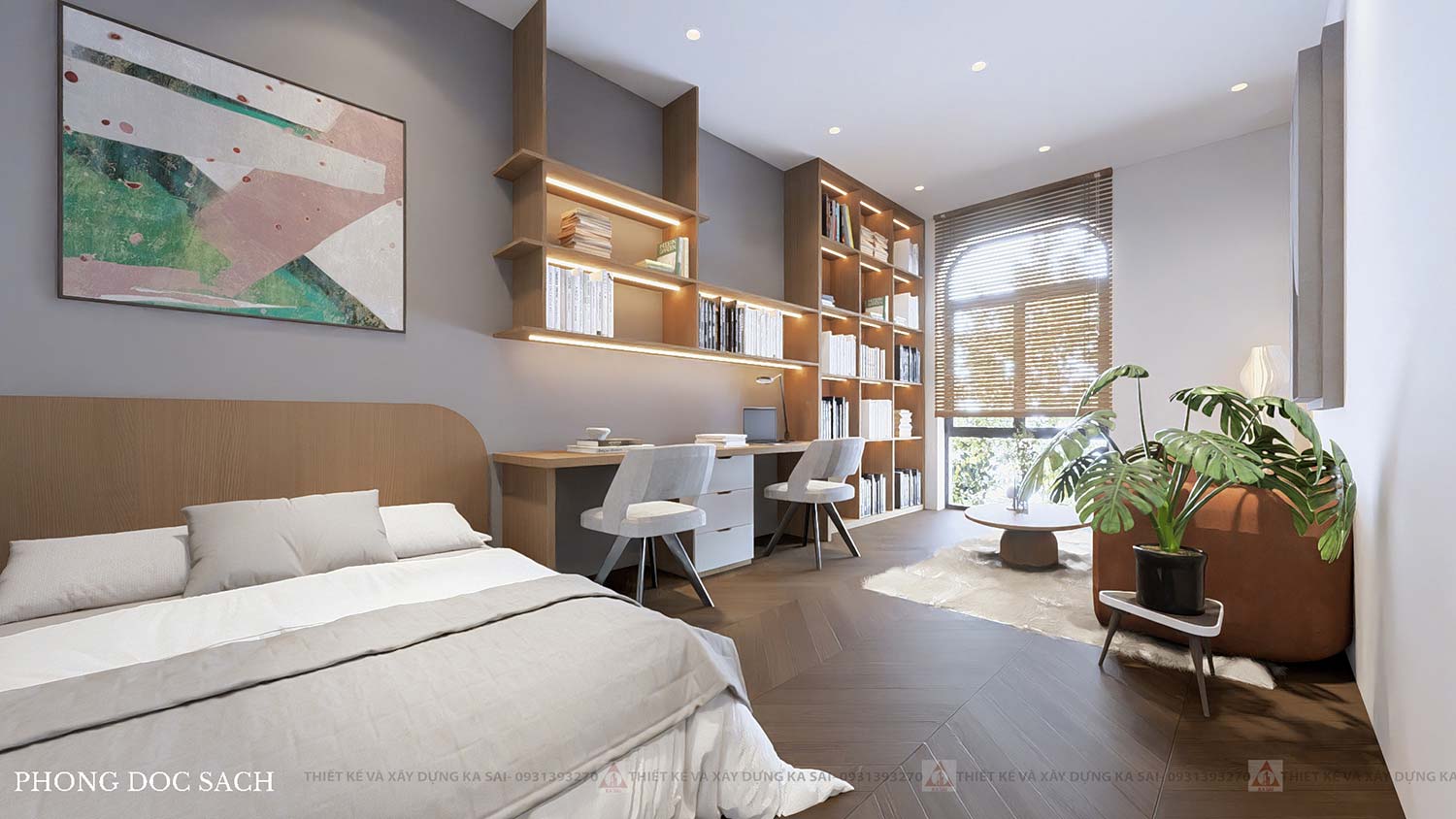 Phòng đọc sách mẫu nhà 4 tầng tân cổ điển mặt tiền 7m