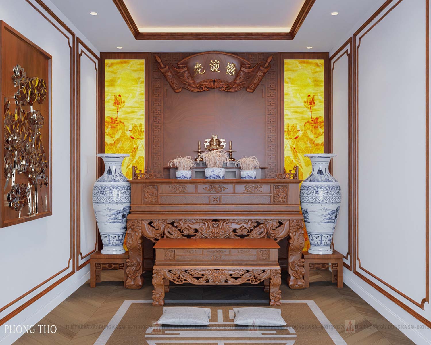 Phòng thờ mẫu nhà 4 tầng tân cổ điển mặt tiền 7m