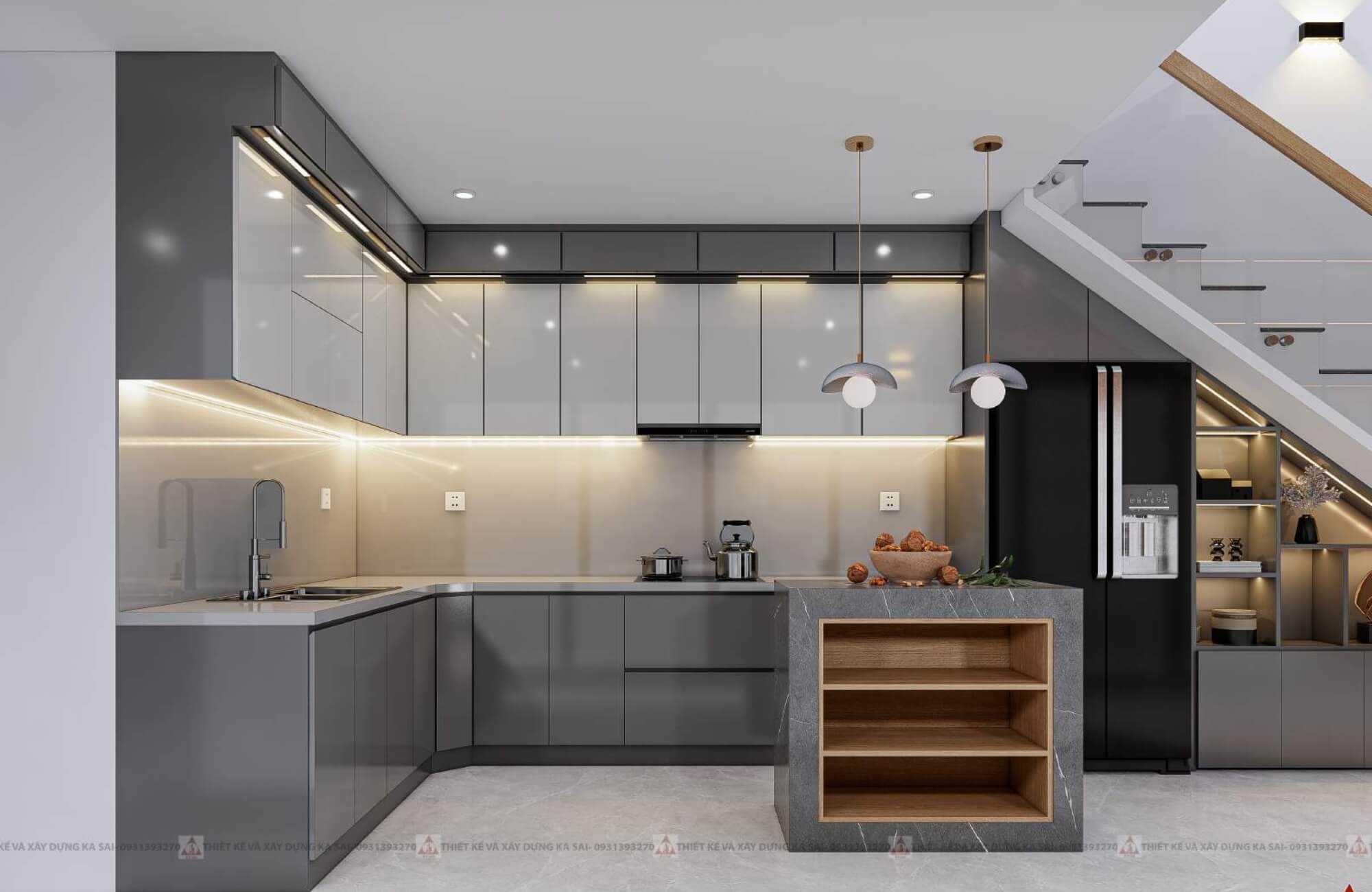 Phòng bếp ngôi nhà 3 tầng nắng gió và cây xanh