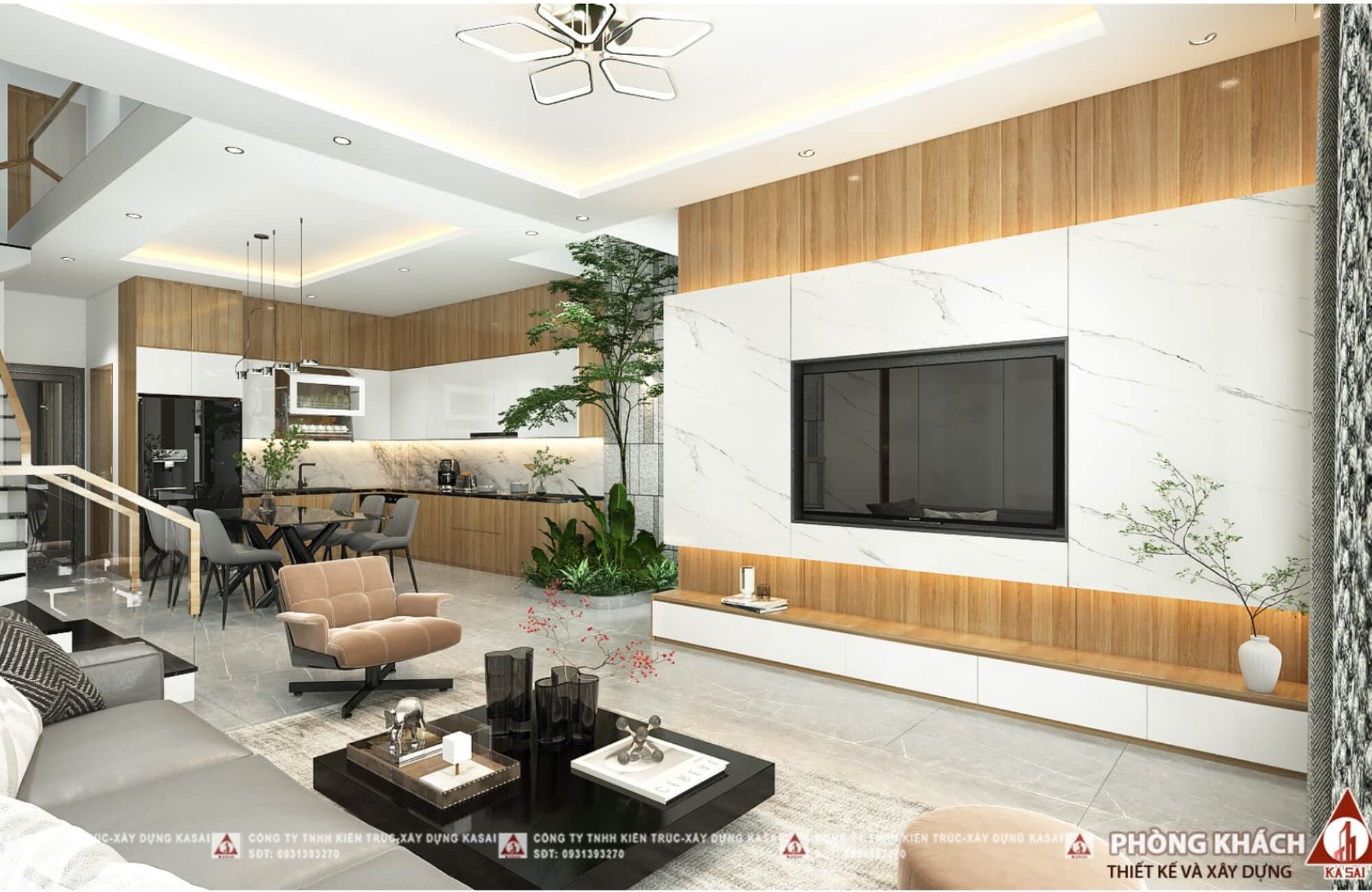 Phòng khách nhà phố 5x20m tối giản