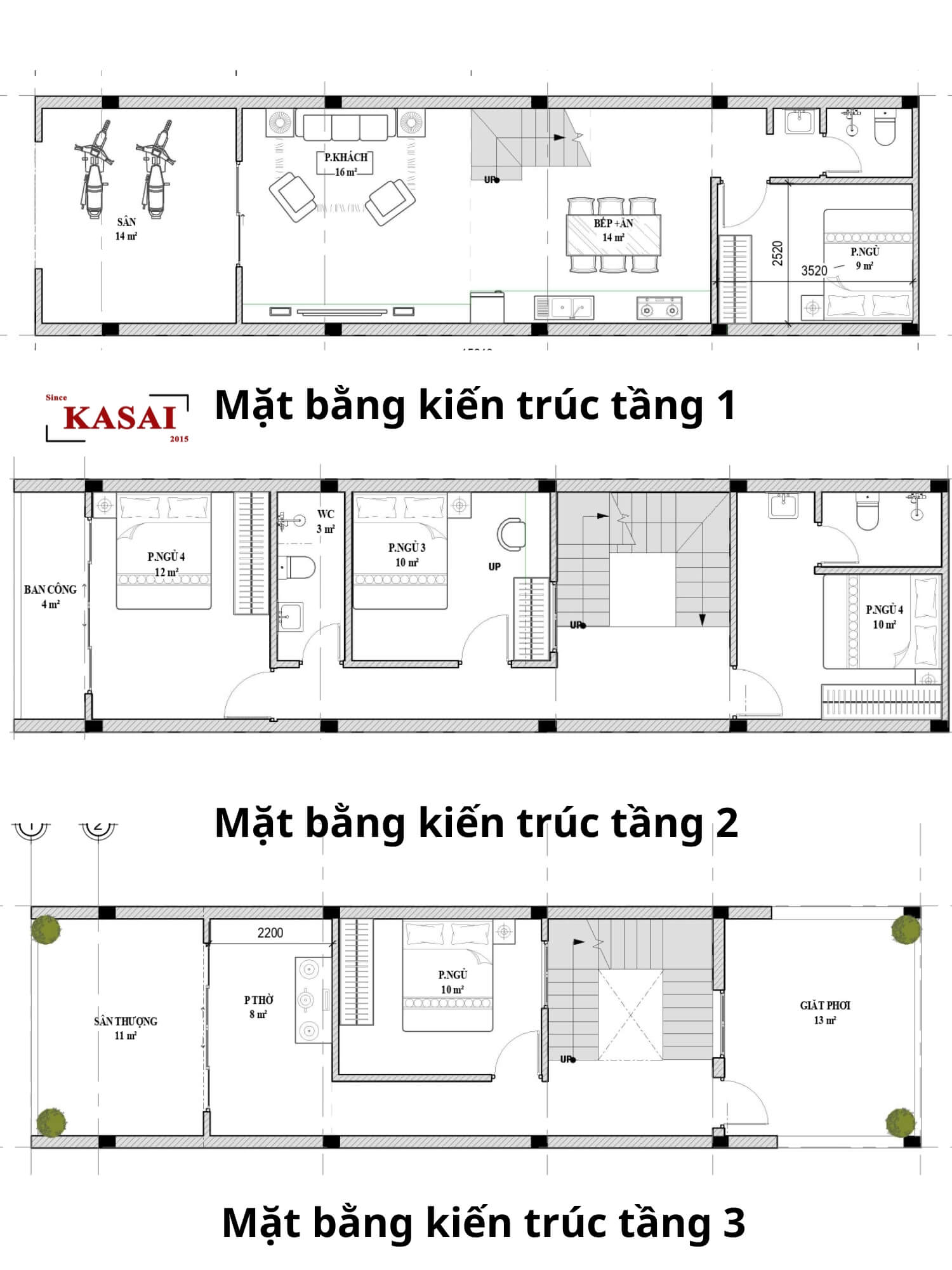 Bản vẽ thiết kế mẫu nhà 3 tầng 4x15m