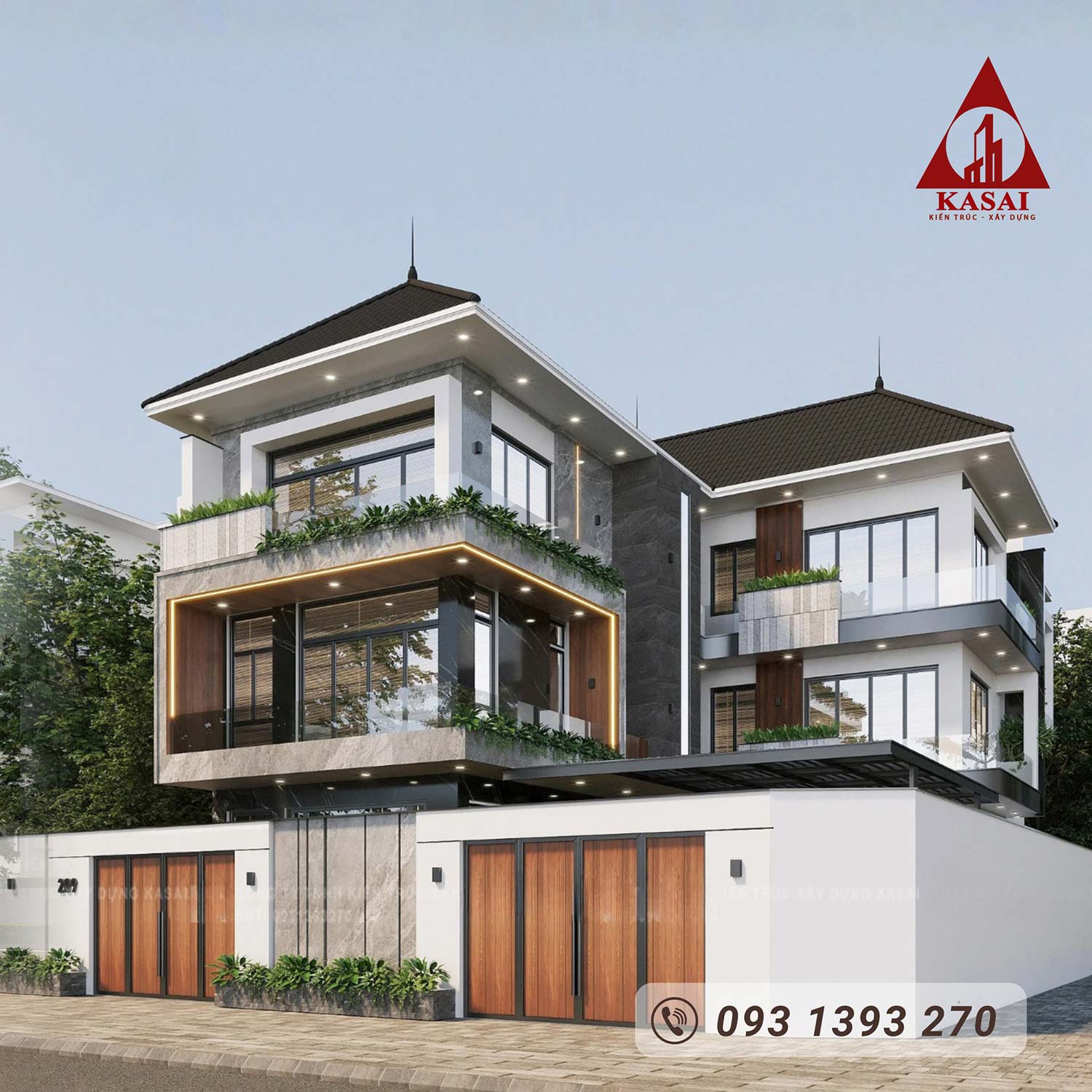 Biệt thự chữ L mái Nhật 3 tầng