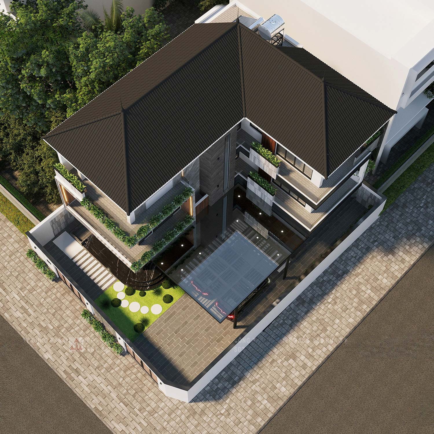 Biệt thự chữ L 3 tầng mái Nhật