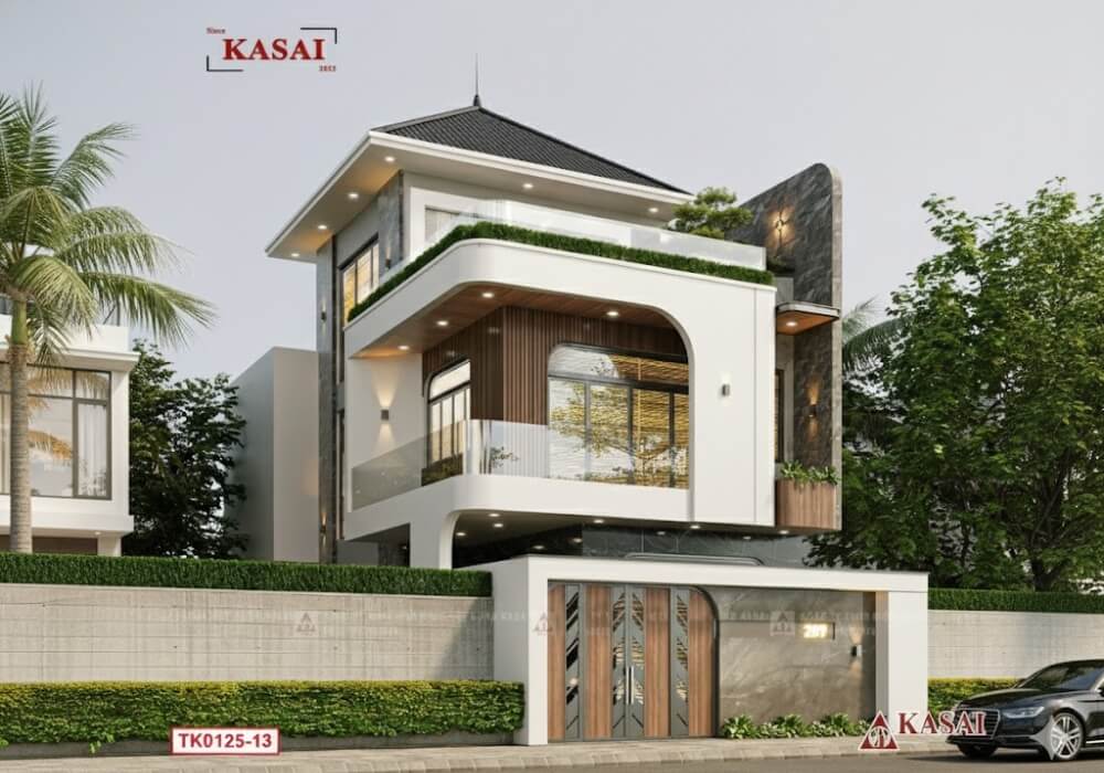 Mẫu nhà 2 tầng 1 tum hiện đại cong mềm độc đáo