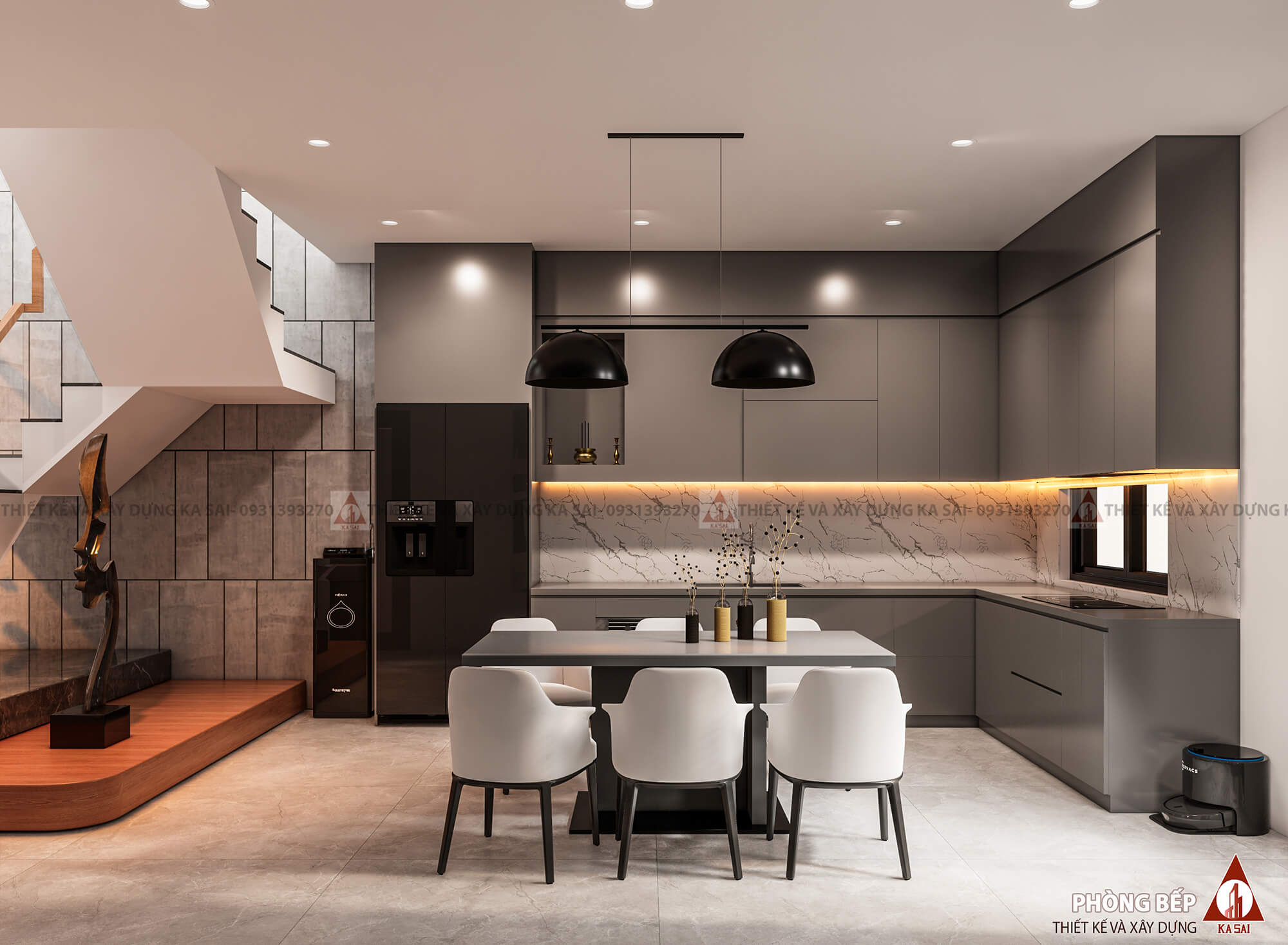 Phòng bếp nhà 2 tầng mái Nhật chữ L