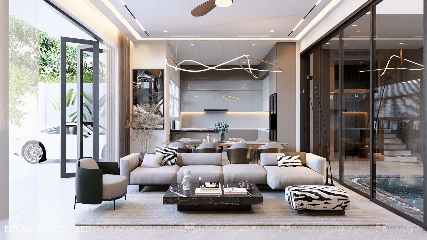 Phòng khách biệt thự mặt tiền 15m 3 tầng