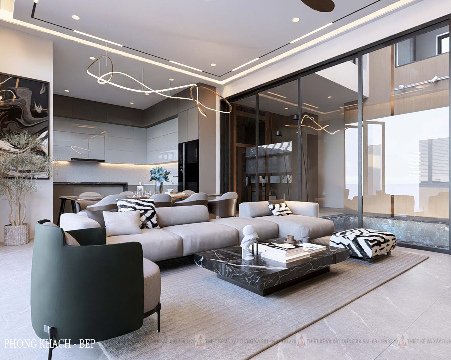 Phòng khách biệt thự mặt tiền 15m 3 tầng