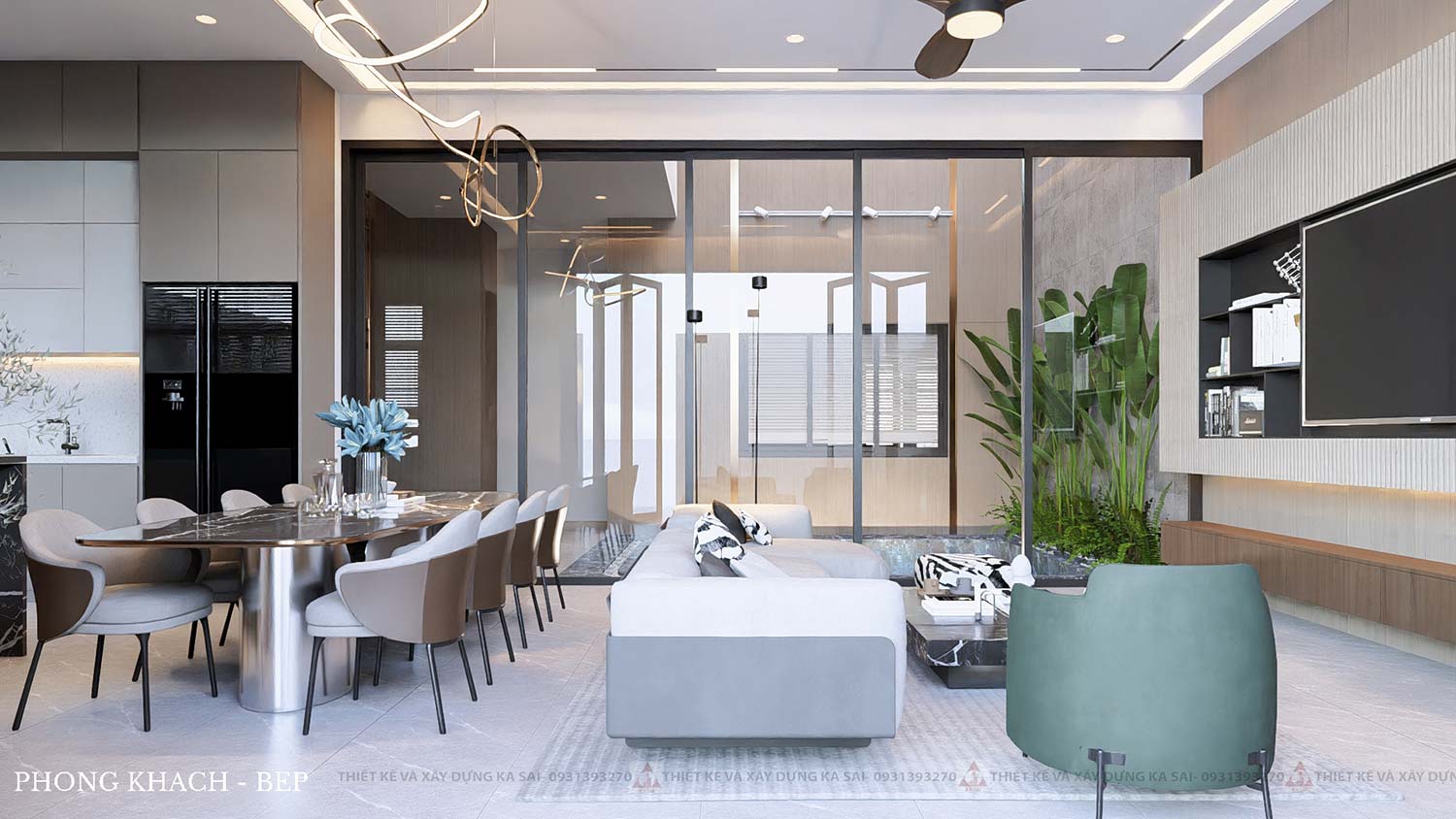 Phòng khách biệt thự mặt tiền 15m 3 tầng