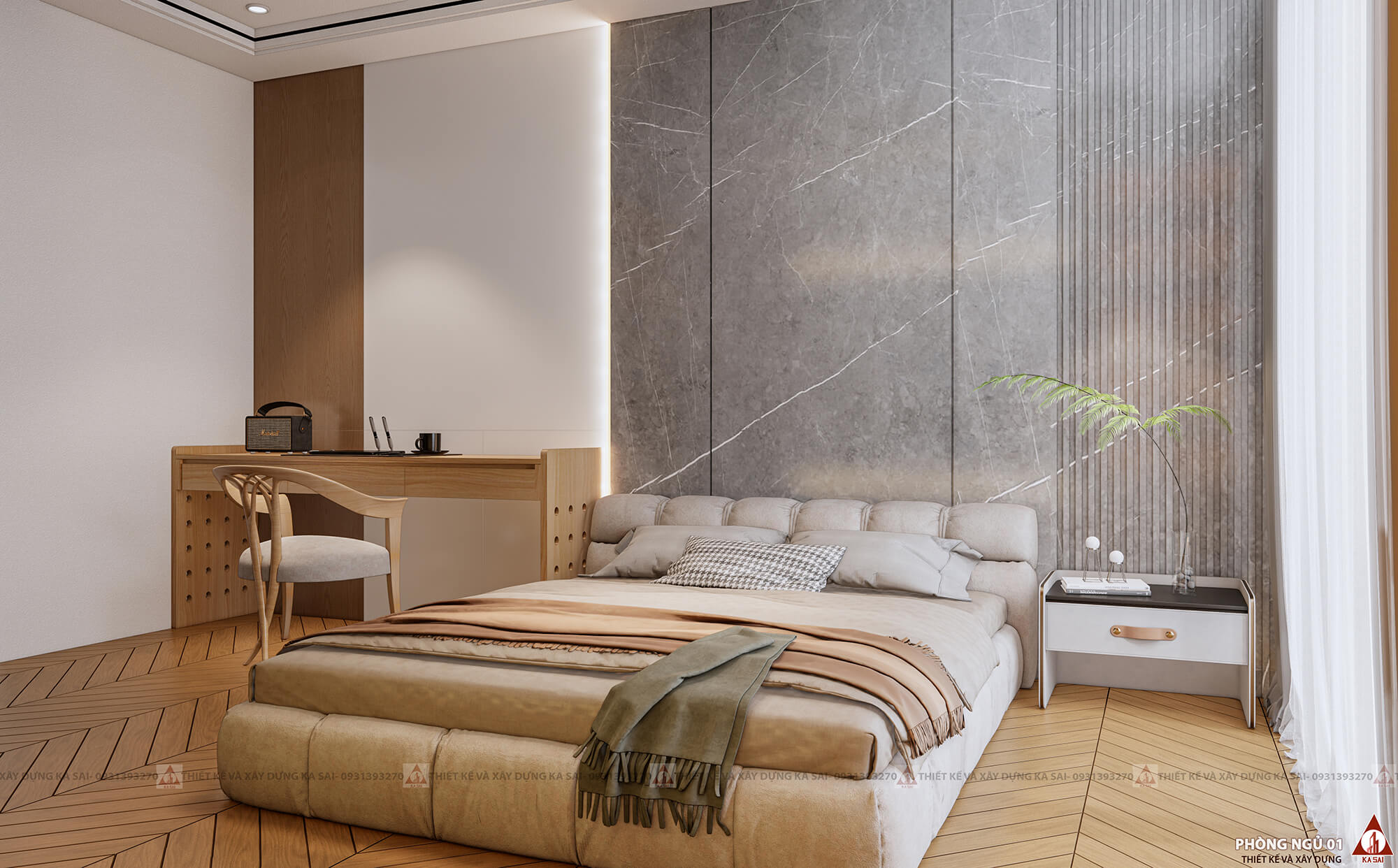 Phòng ngủ 1 mẫu nhà 3 tầng 4x15m