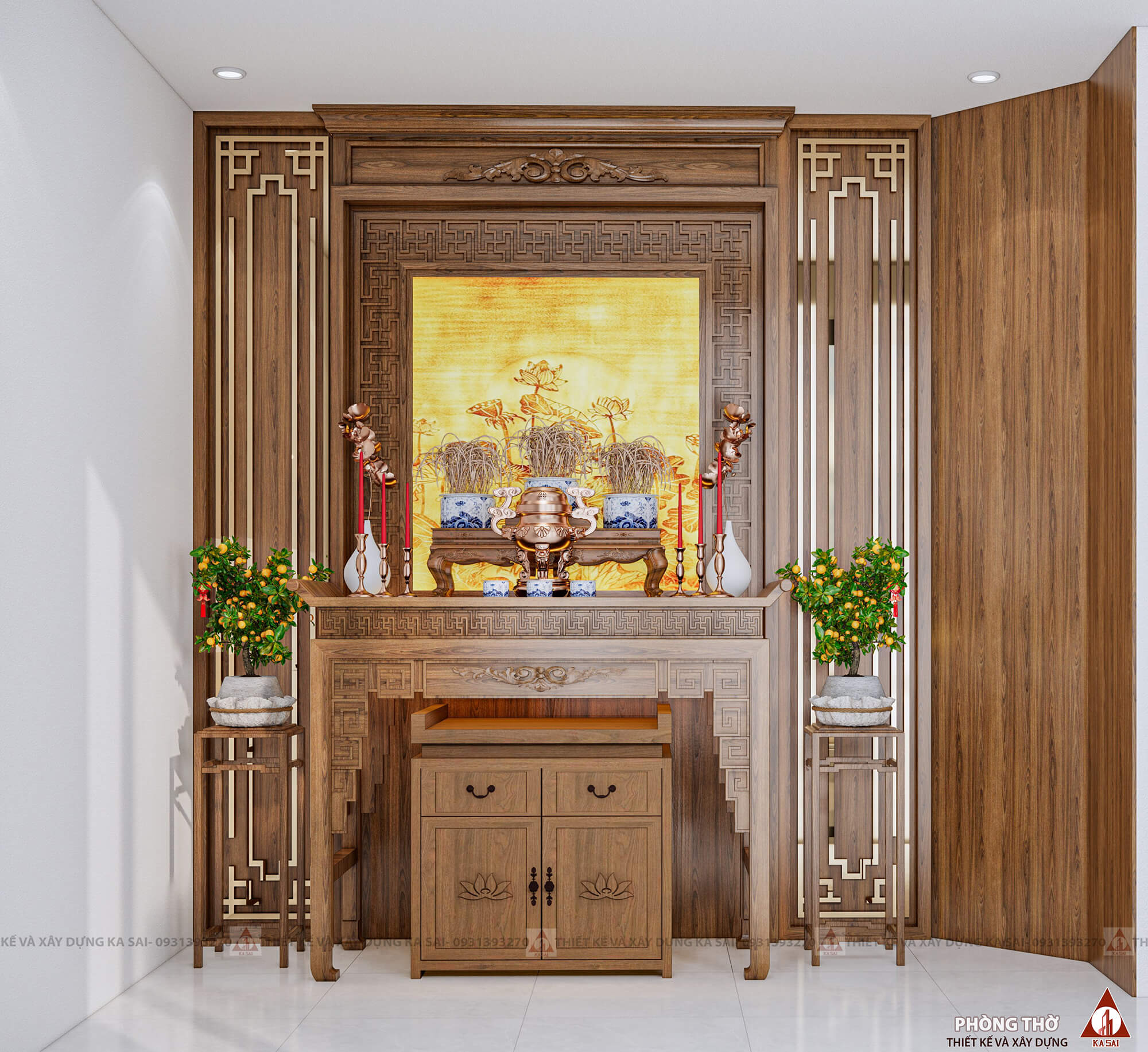 Phòng thờ mẫu nhà 3 tầng 4x15m