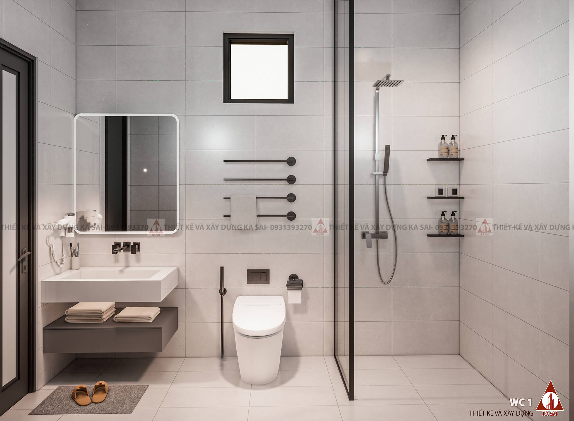 Phòng wc nhà 2 tầng mái Nhật chữ L