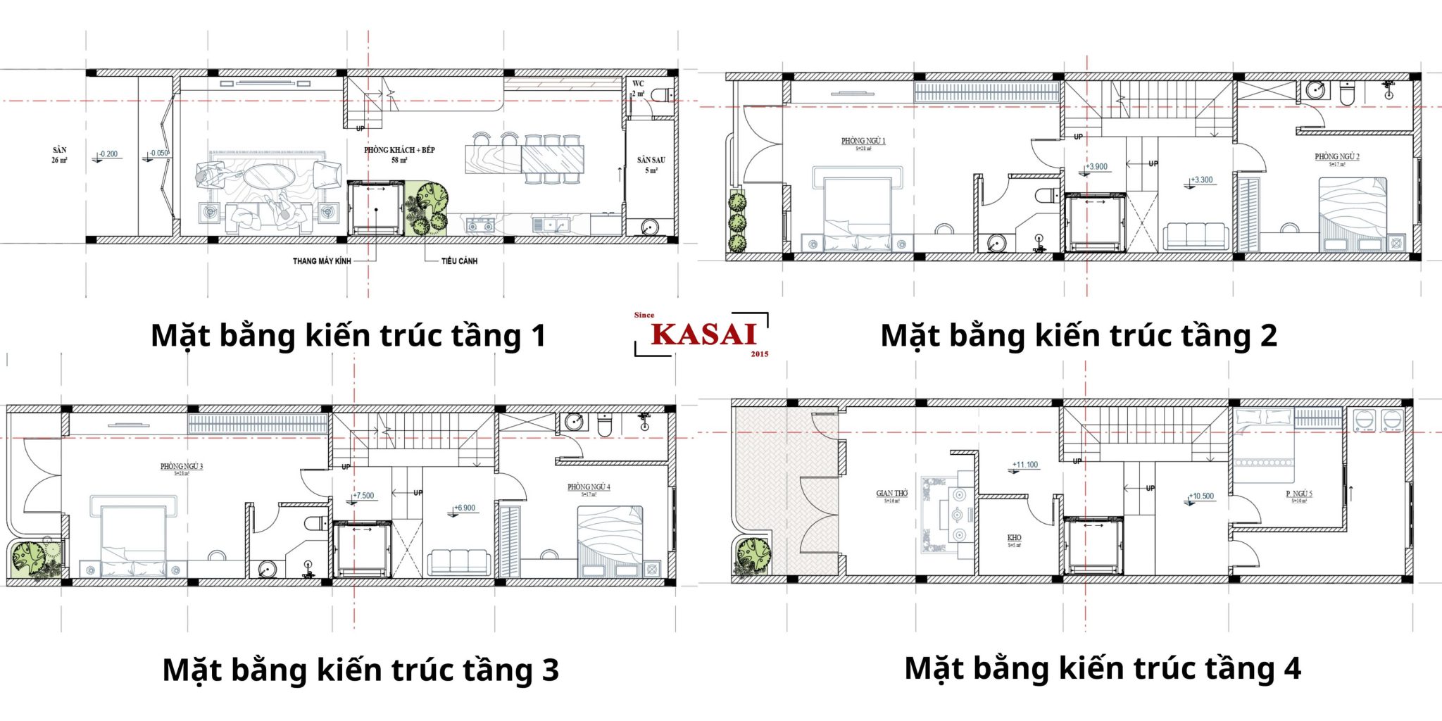 Bản vẽ thiết kế mẫu nhà ống 4 tầng đẹp hiện đại 5x20m