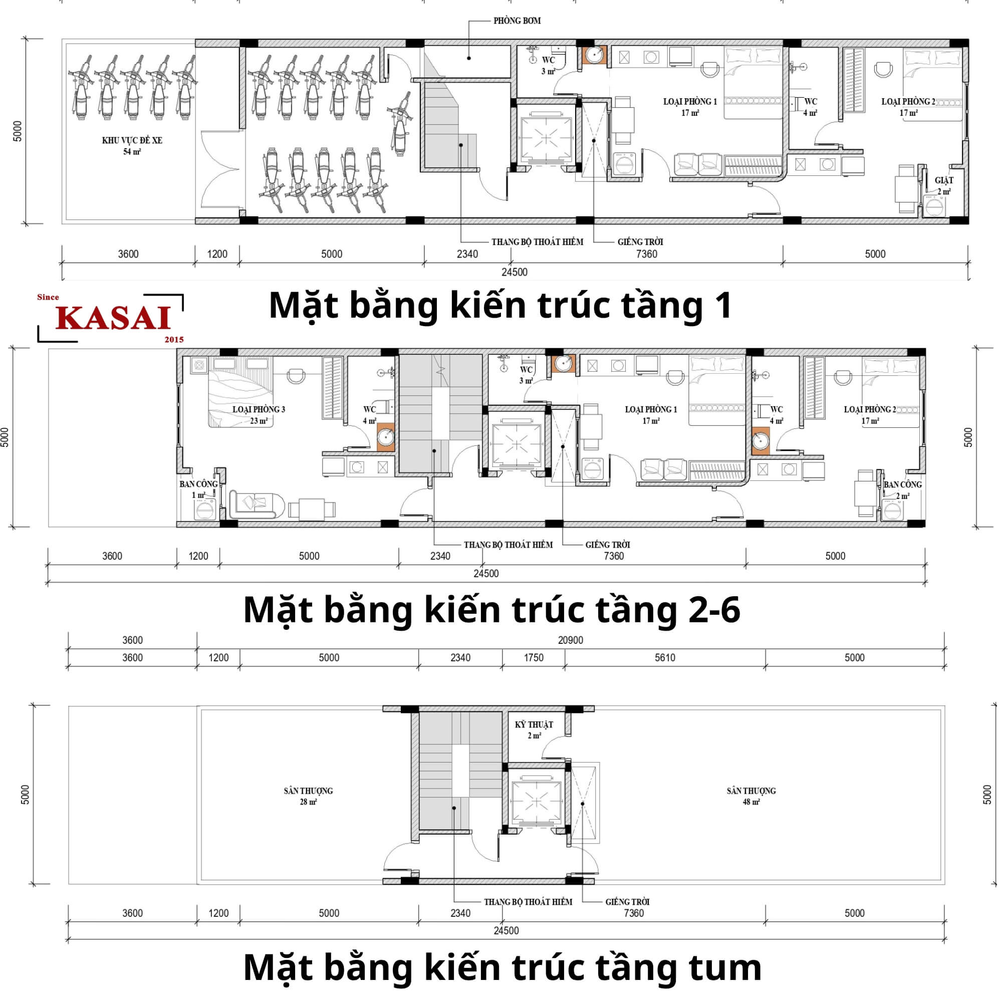 Bản vẽ thiết kế căn hộ cho thuê 6 tầng 5x24m