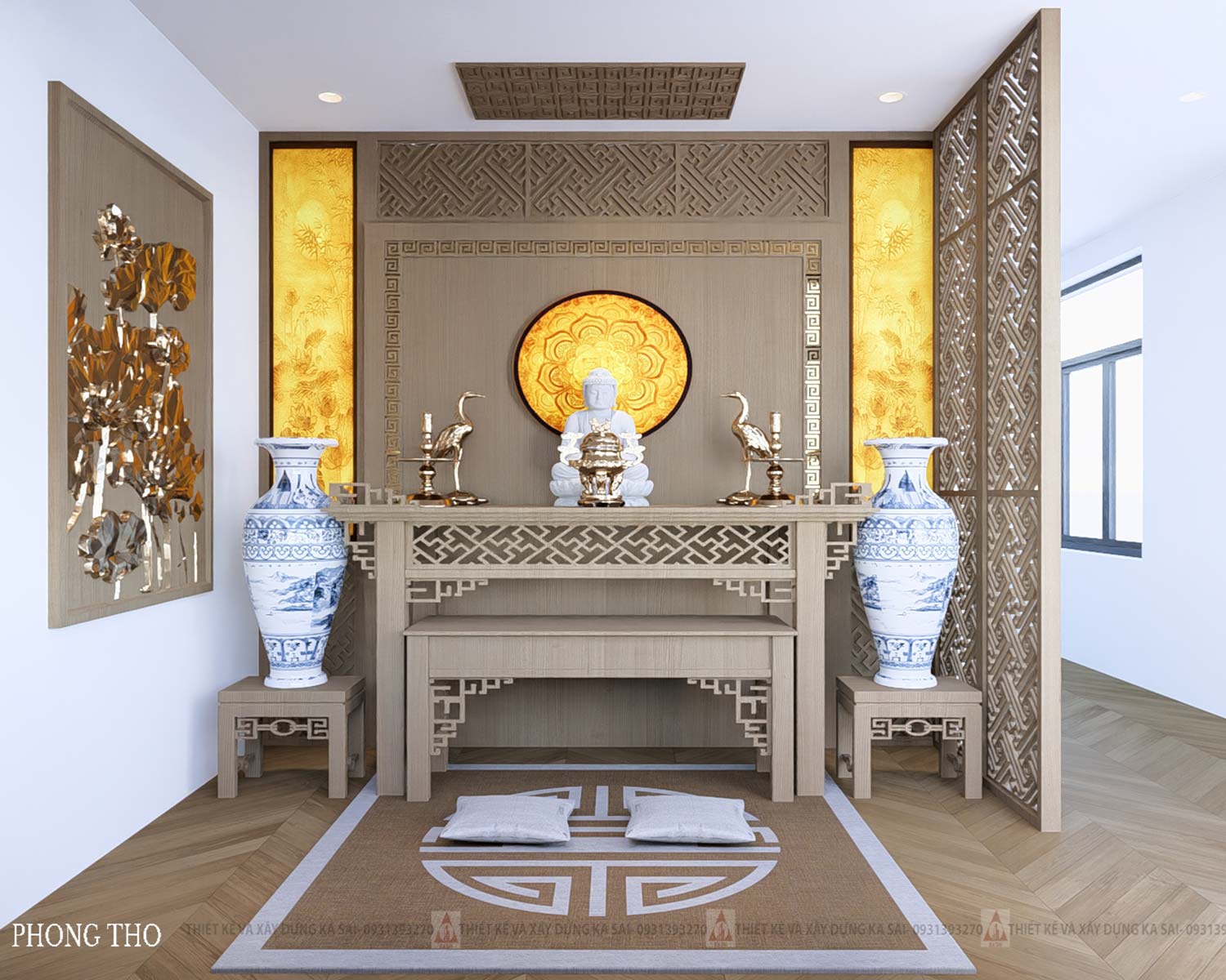 Phòng thờ mẫu nhà ống 4 tầng đẹp hiện đại 5x20m