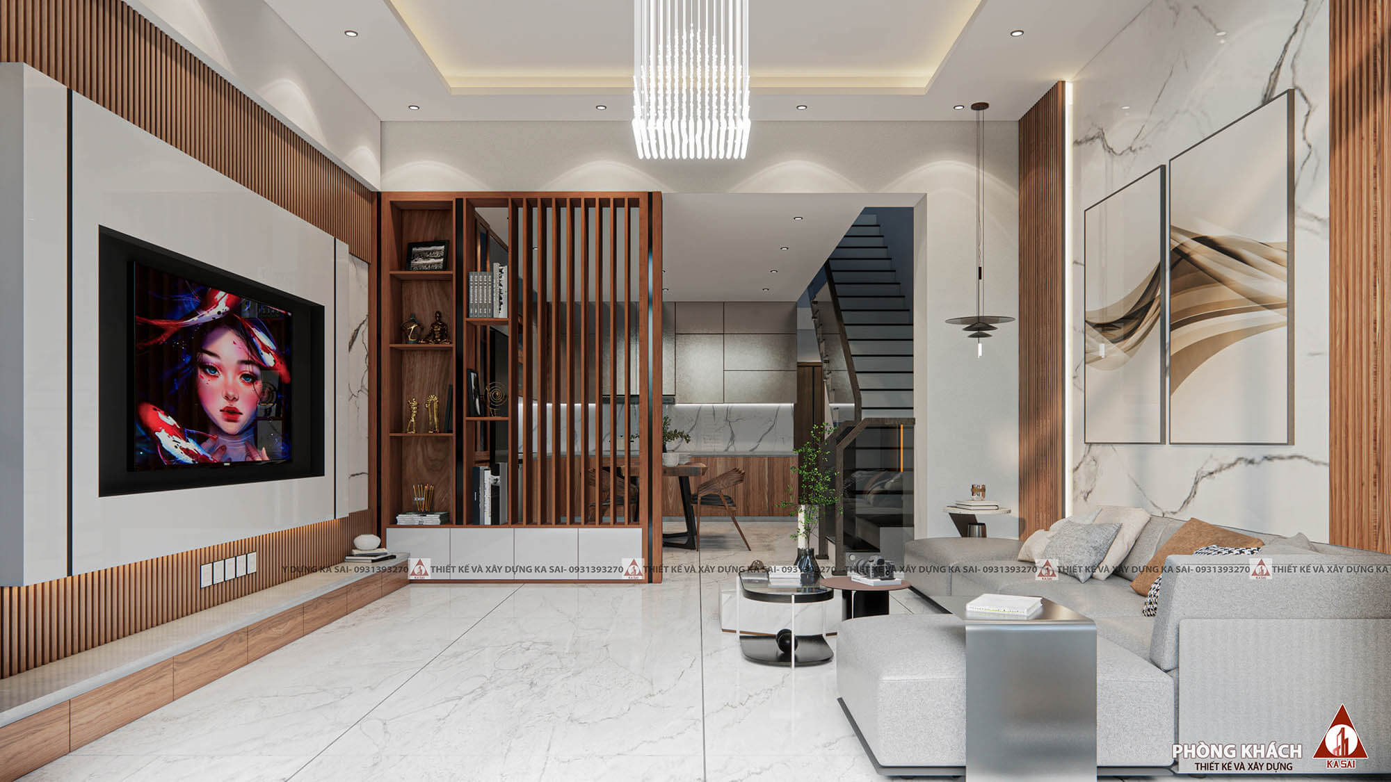 Phòng khách 5x15m nhà 2 tầng 3 phòng ngủ 5x15