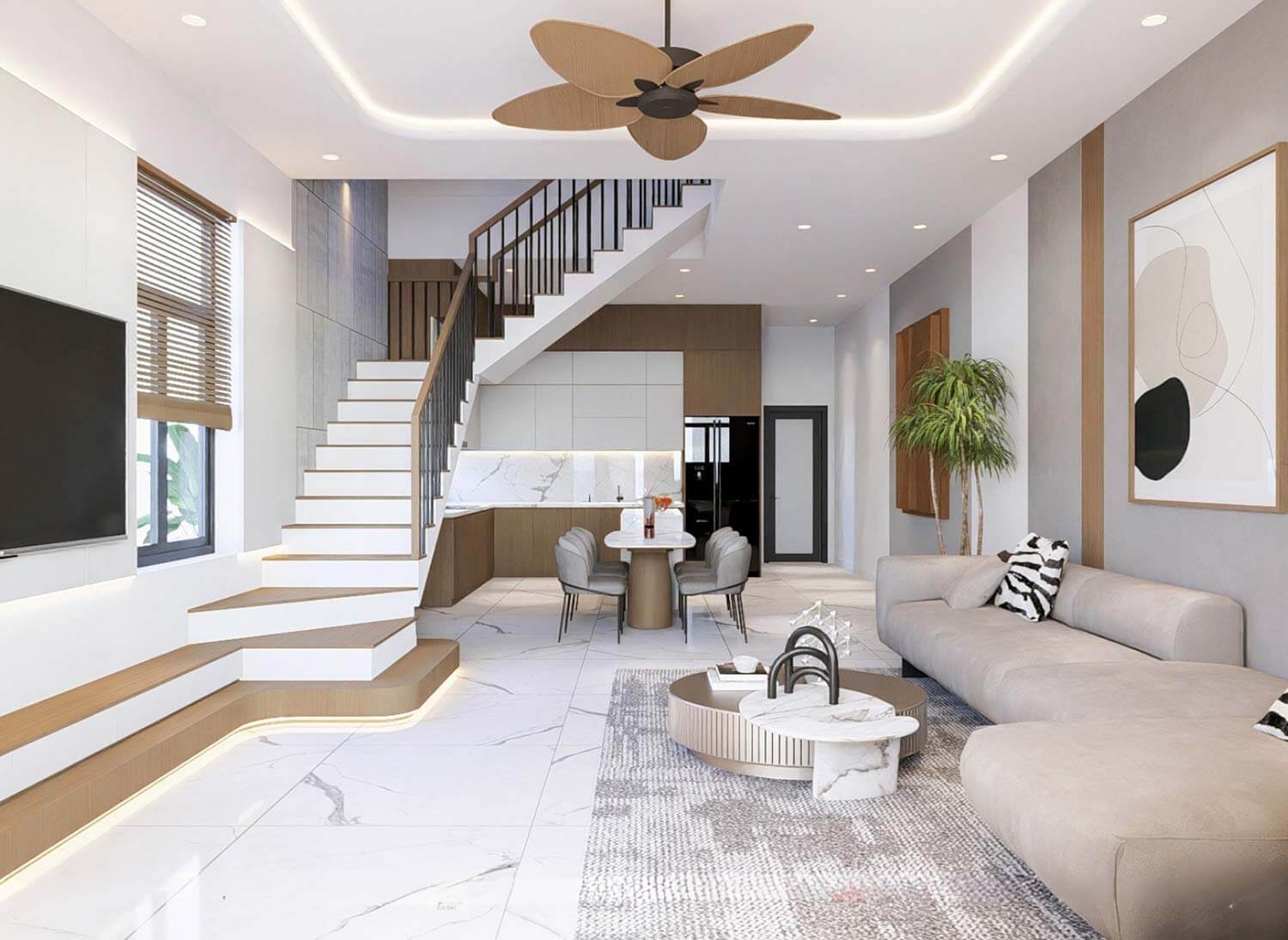 Phòng khách mẫu nhà ống 4 tầng đẹp hiện đại 5x20m