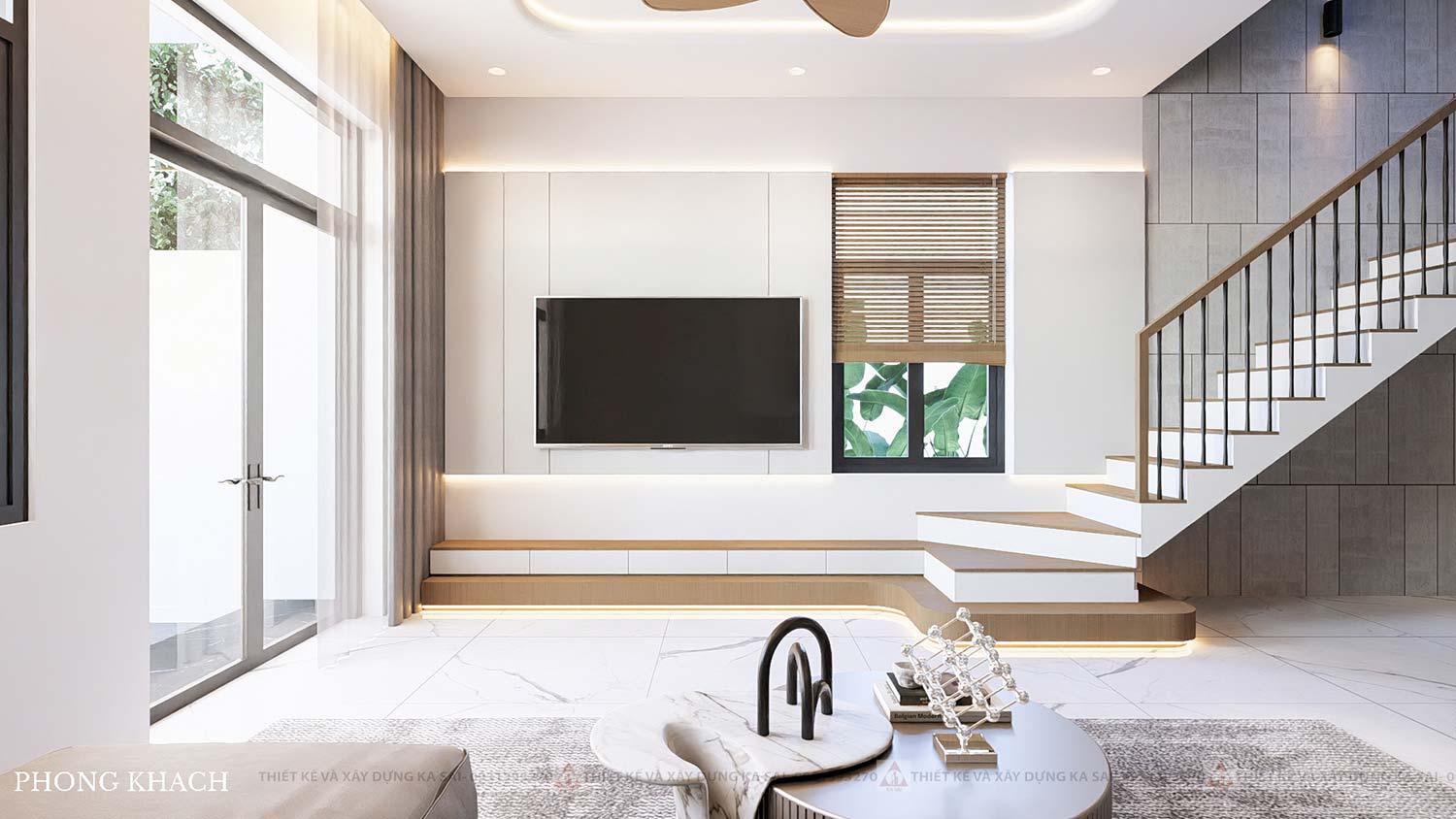 Phòng khách mẫu nhà ống 4 tầng đẹp hiện đại 5x20m