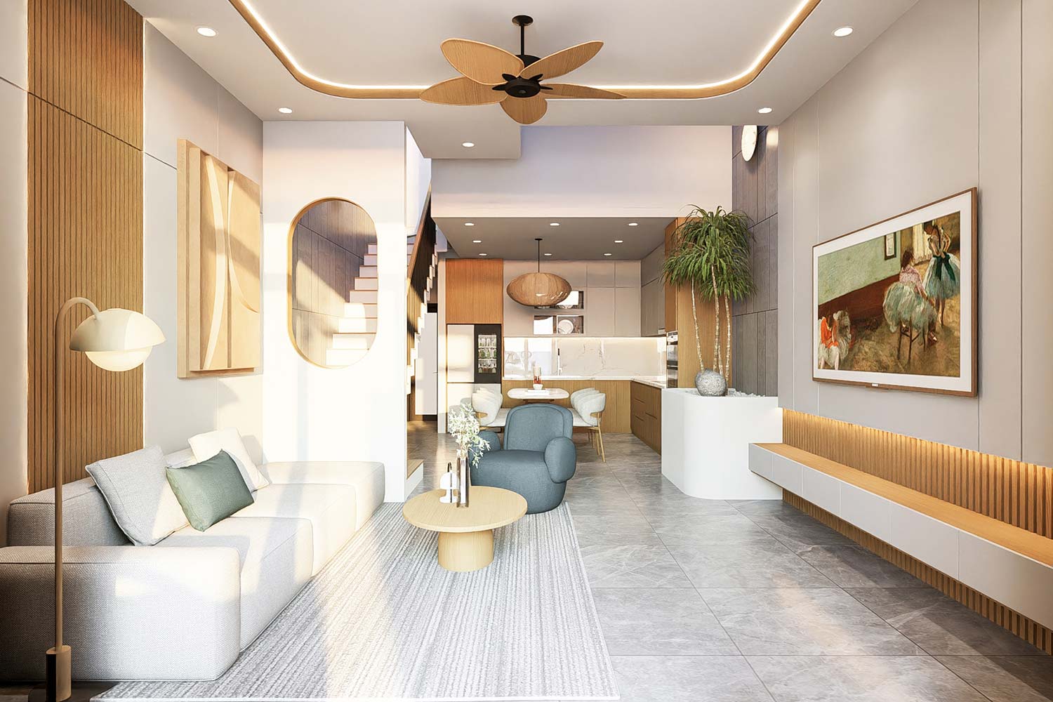 Phòng khách thiết kế nhà 5x18m 2 tầng