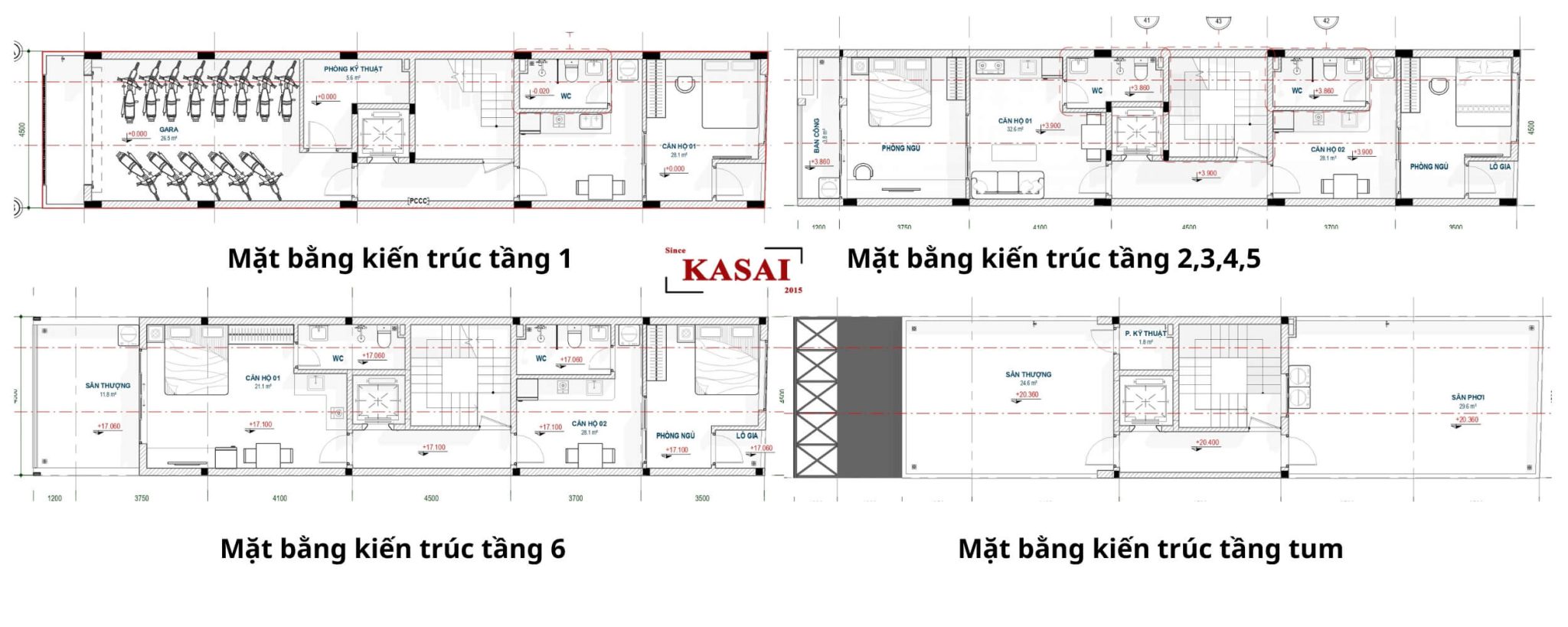 Bản vẽ thiết kế căn hộ hiện đại 6 tầng 1 tum