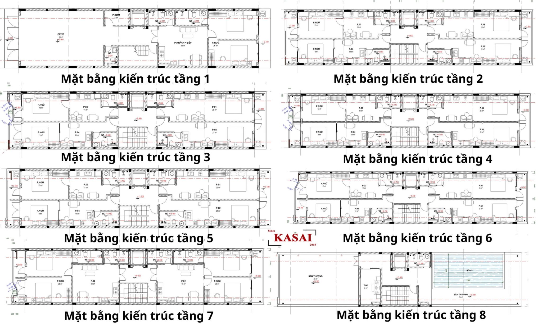 Bản vẽ thiết kế mẫu căn hộ cho thuê 8 tầng