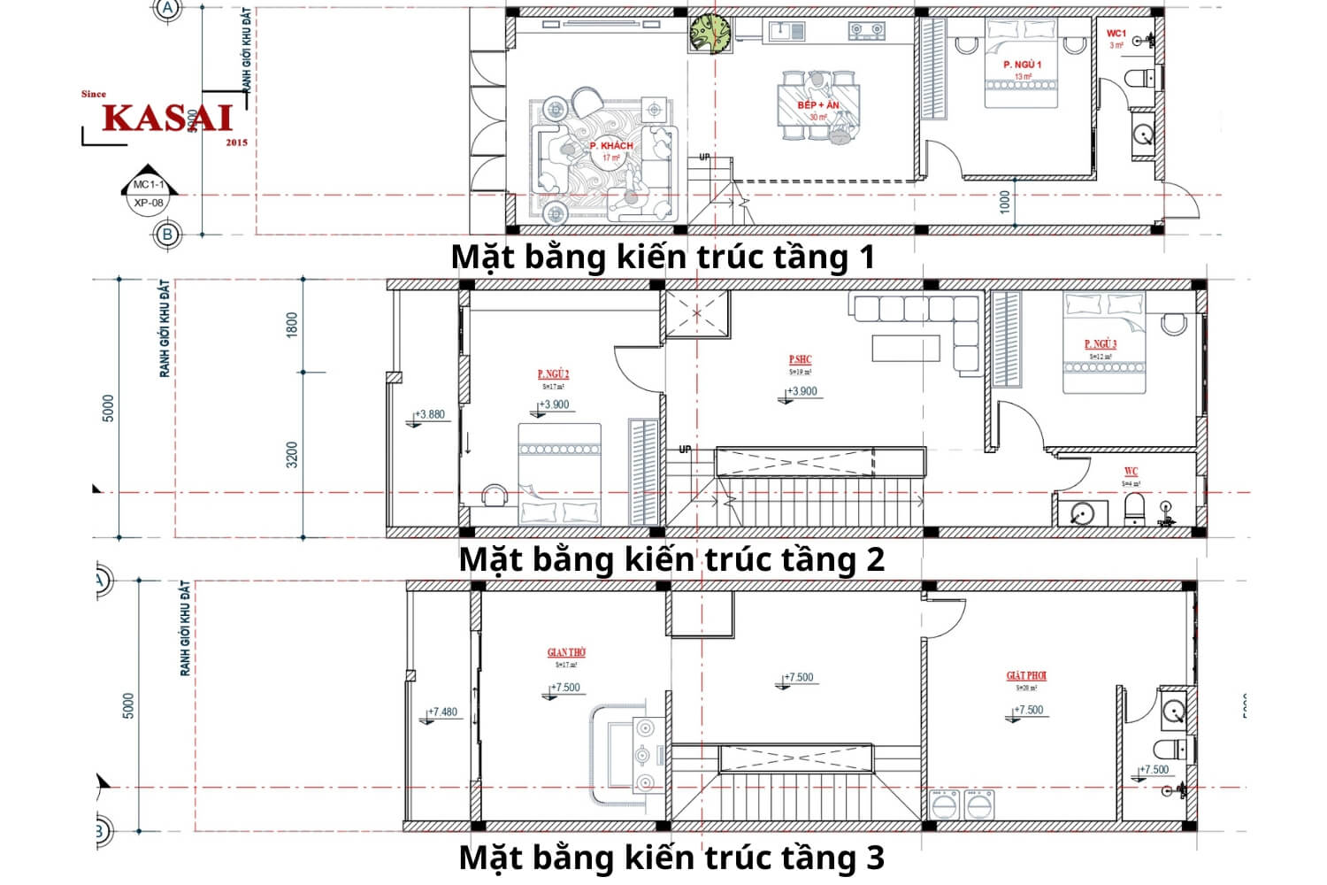 Bản vẽ thiết kế mẫu nhà phố 3 tầng 5x20m đẹp