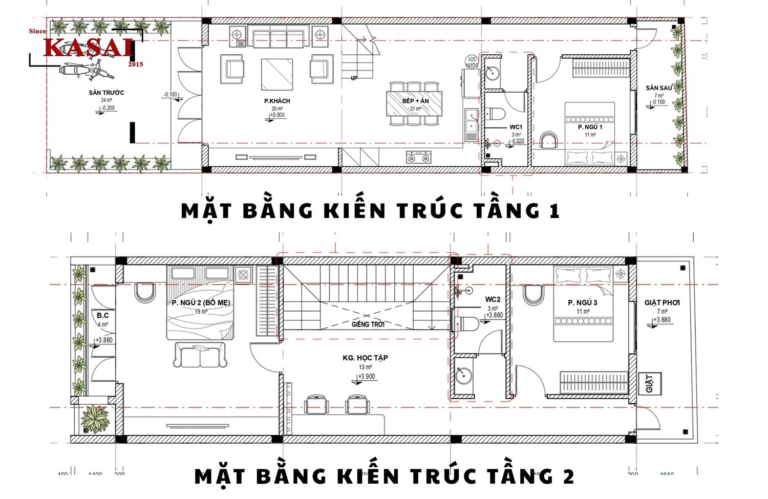 Bản vẽ nhà 2 tầng 5x15m mái bằng