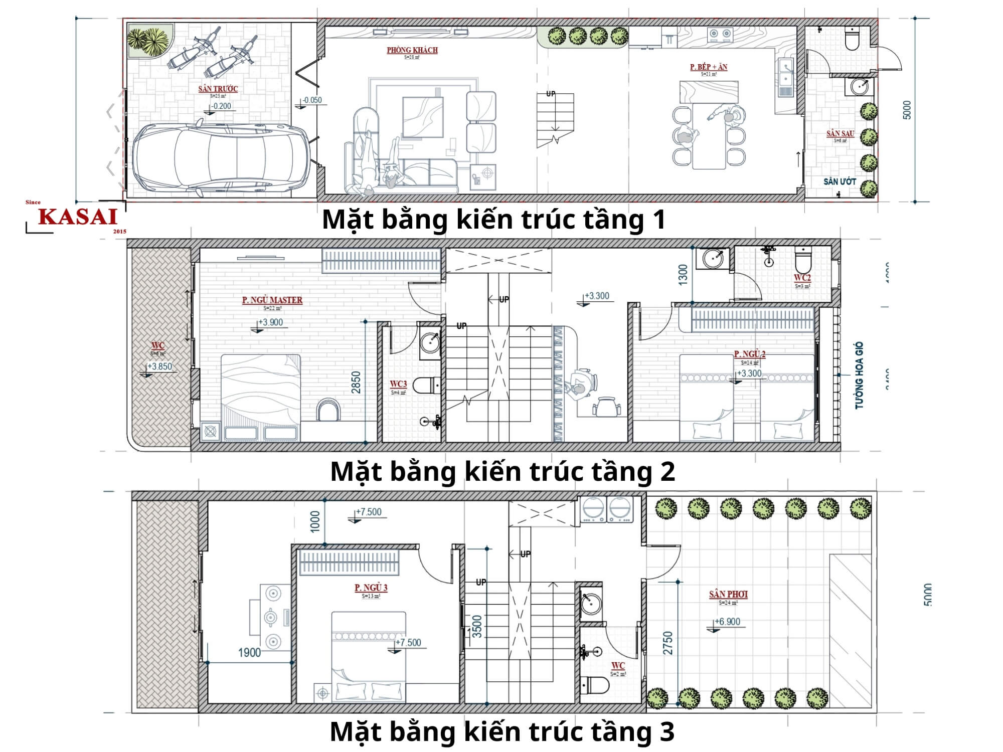 Mặt bằng thiết kế nhà 3 tầng 3 phòng ngủ đẹp