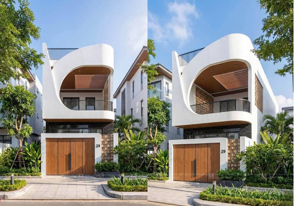 Mẫu nhà ống 2 tầng mới nhất với mặt tiền uốn lượn mê hoặc