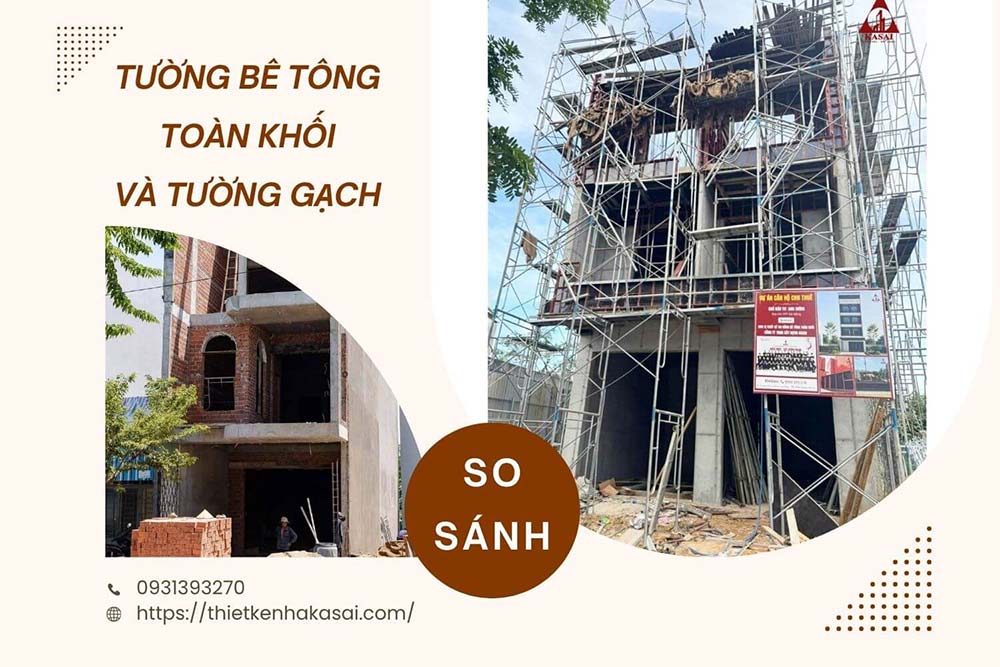 Tường bê tông toàn khối và tường gạch
